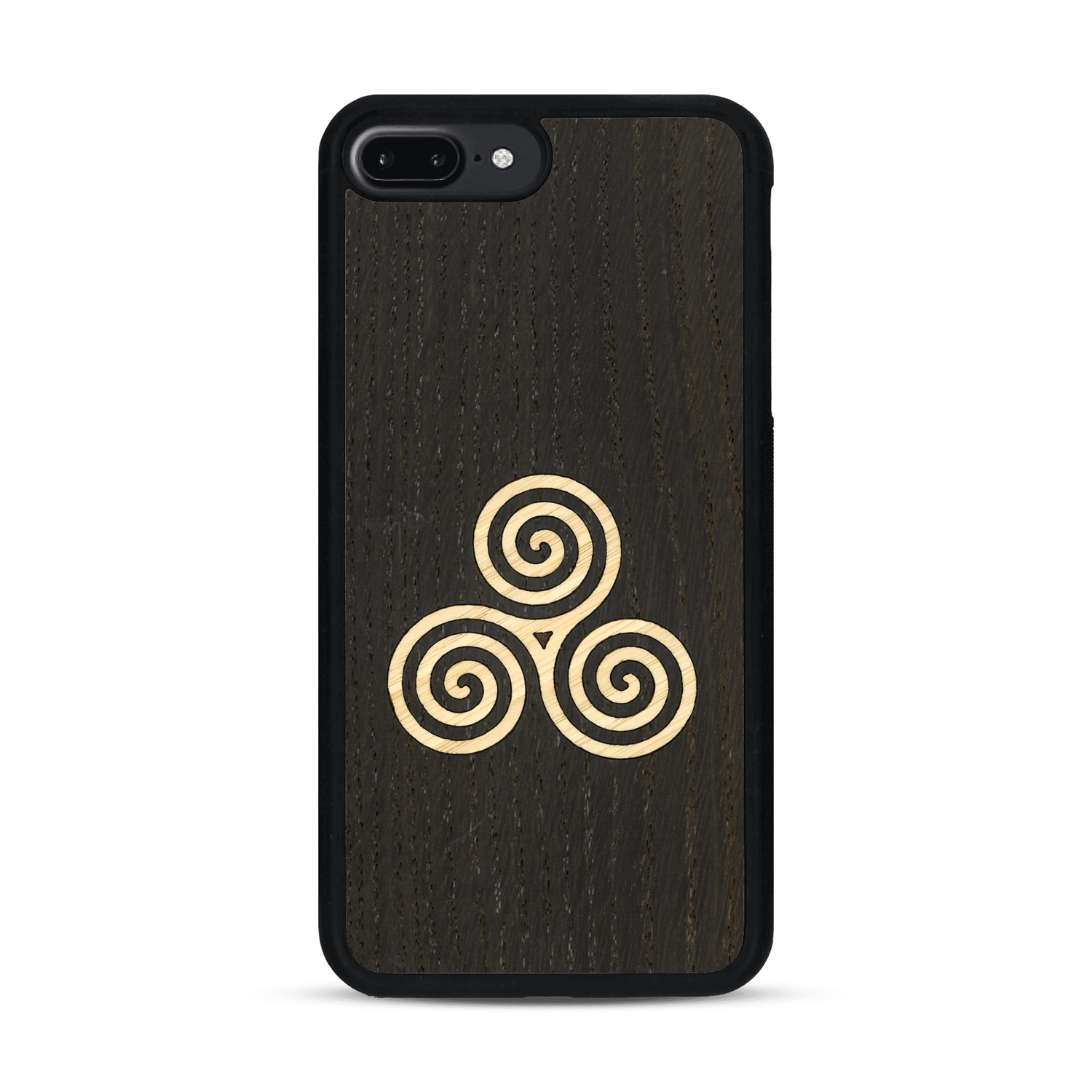Coque de protection en bois véritable fabriquée en France pour  alliant du chêne fumé et du bambou et doré représentant un triskell