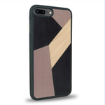 Coque de protection en bois véritable fabriquée en France pour iPhone 7 Plus / 8 Plus alliant du bambou, du tulipier mauve et noir en forme de mosaïque minimaliste sur le thème de l'art abstrait