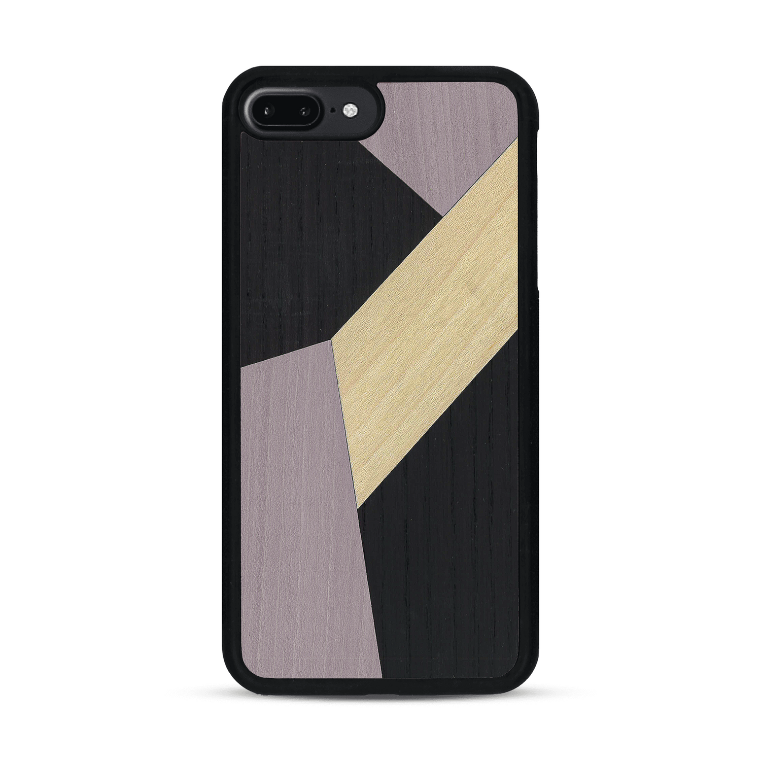 Coque de protection en bois véritable fabriquée en France pour  alliant du bambou, du tulipier mauve et noir en forme de mosaïque minimaliste sur le thème de l'art abstrait