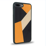 Coque de protection en bois véritable fabriquée en France pour iPhone 7 Plus / 8 Plus alliant du bambou, du tulipier orange et noir en forme de mosaïque minimaliste sur le thème de l'art abstrait