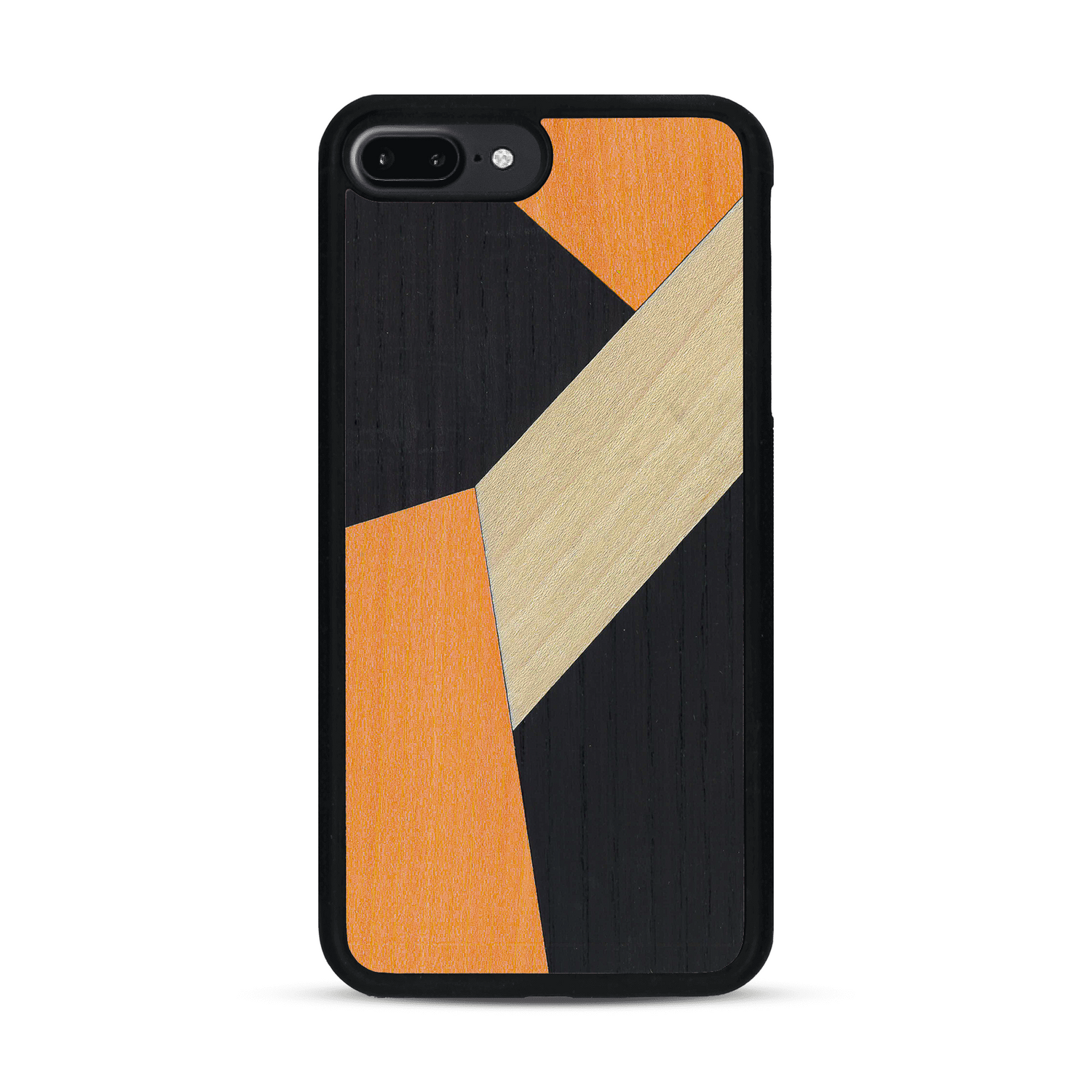 Coque de protection en bois véritable fabriquée en France pour  alliant du bambou, du tulipier orange et noir en forme de mosaïque minimaliste sur le thème de l'art abstrait