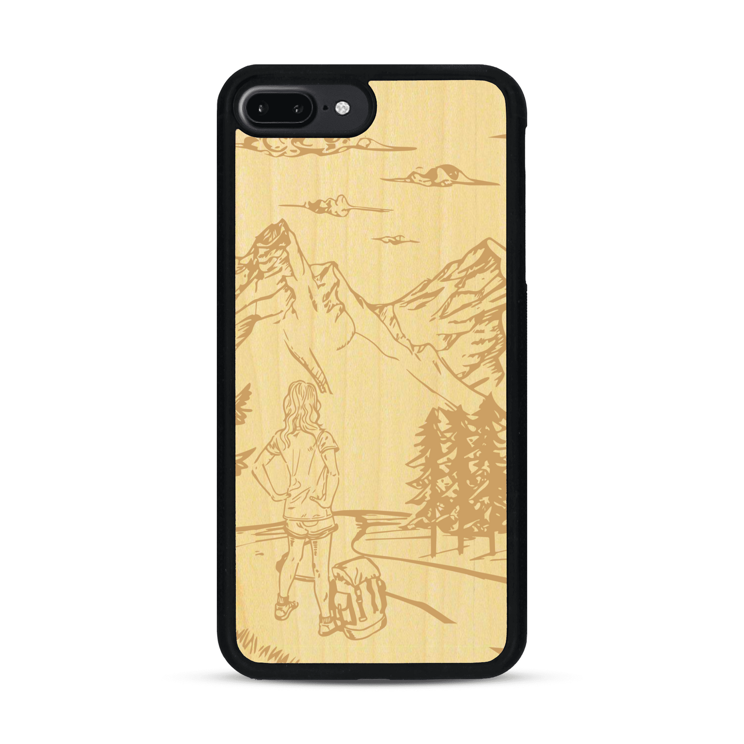 Coque de protection en bois véritable fabriquée en France pour  sur le thème de la randonnée en montagne et de l'aventure avec une gravure représentant une femme de dos face à un paysage de nature