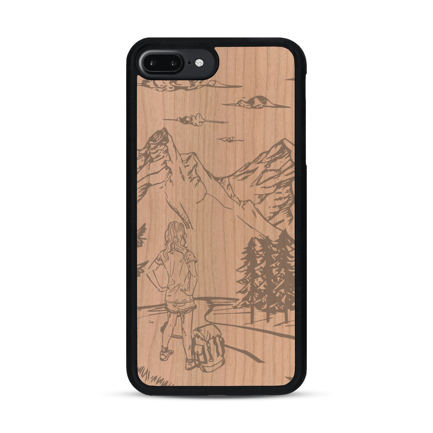 Coque de protection en bois véritable fabriquée en France pour  sur le thème de la randonnée en montagne et de l'aventure avec une gravure représentant une femme de dos face à un paysage de nature