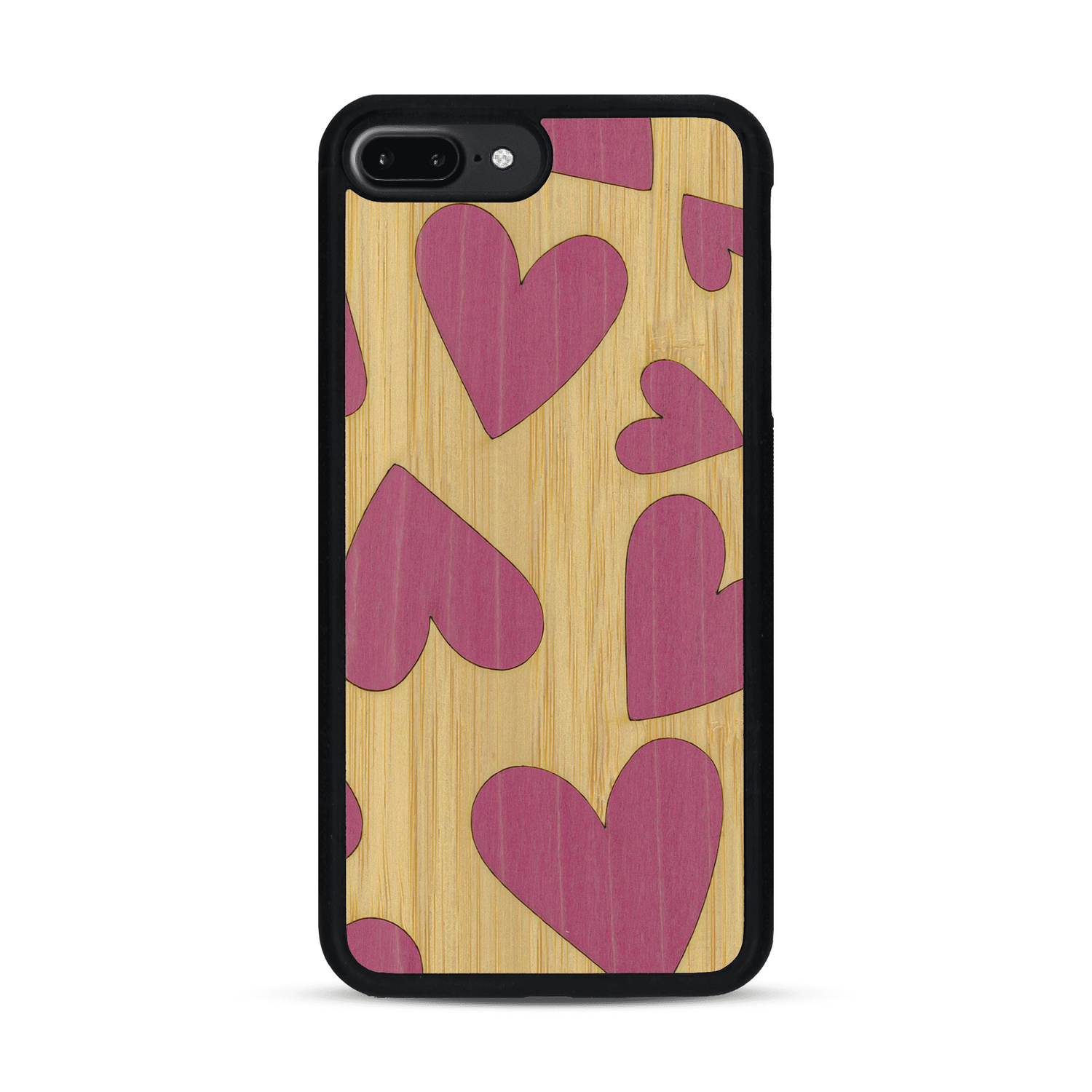 Coque de protection en bois véritable fabriquée en France pour  alliant plusieurs essences de bois pour représenter des coeurs pour les amoureux