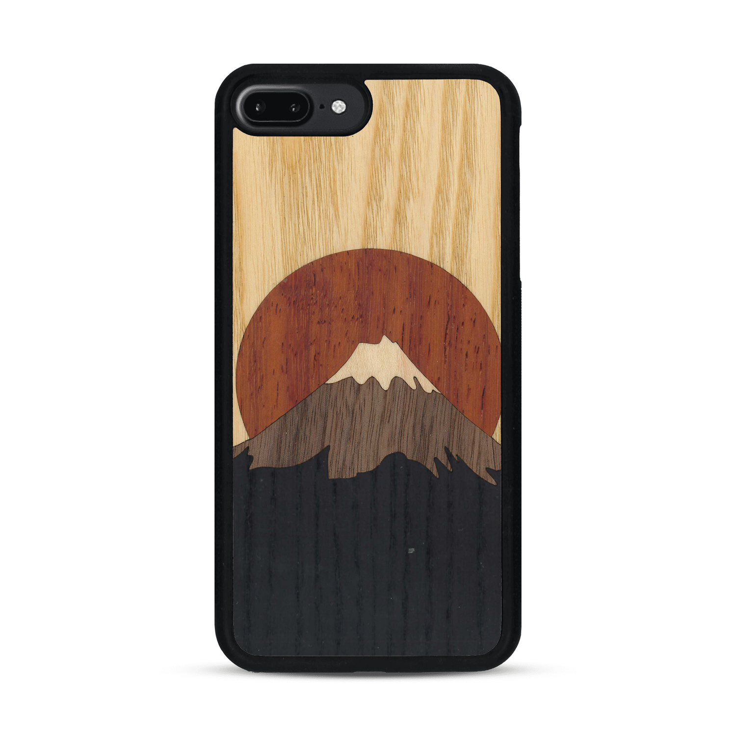 Coque de protection en bois véritable fabriquée en France pour  alliant plusieurs essences de bois pour représenter le mont Fuji