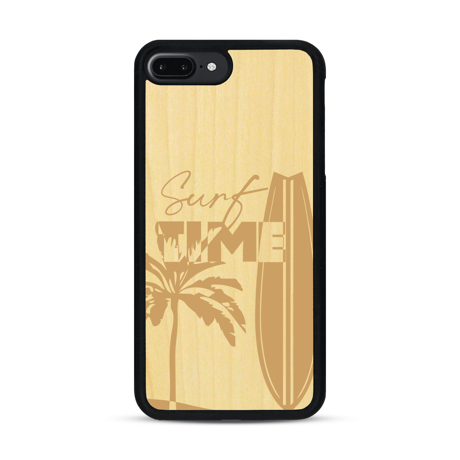 Coque de protection en bois véritable fabriquée en France pour  sur le thème chill avec un motif représentant une silouhette tenant une planche de surf sur une plage entouré de palmiers et les mots "Surf Time Long Beach Miami"