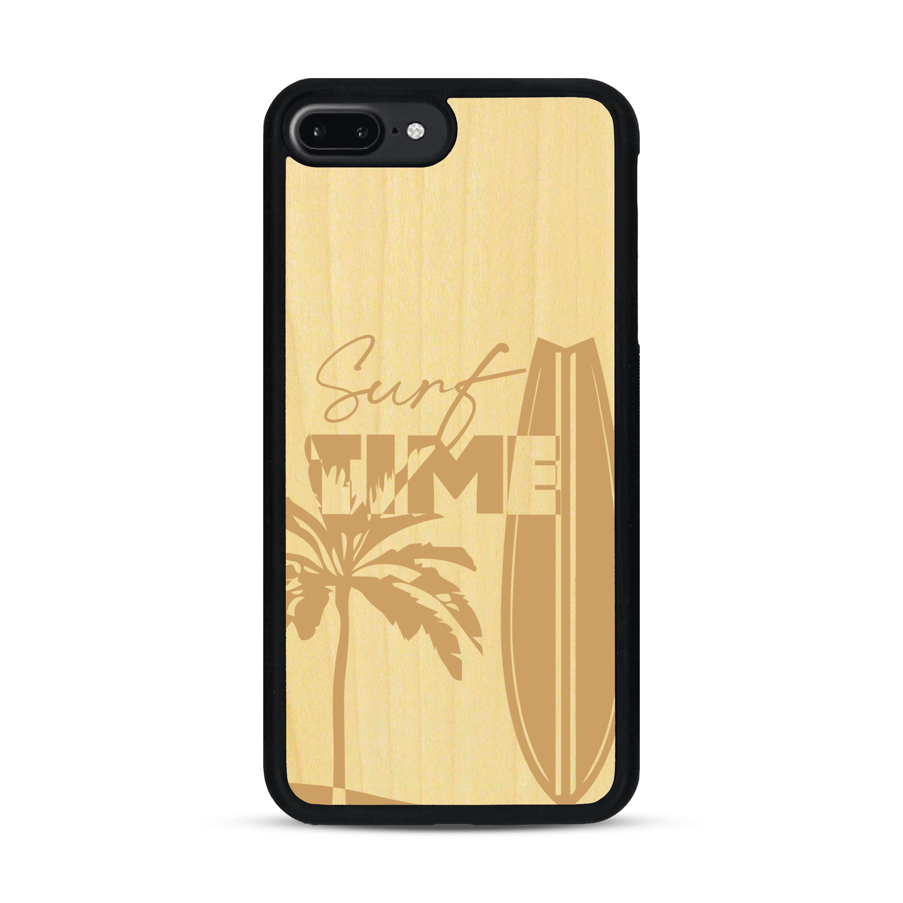 Coque de protection en bois véritable fabriquée en France pour  sur le thème chill avec un motif représentant une silouhette tenant une planche de surf sur une plage entouré de palmiers et les mots "Surf Time Long Beach Miami"