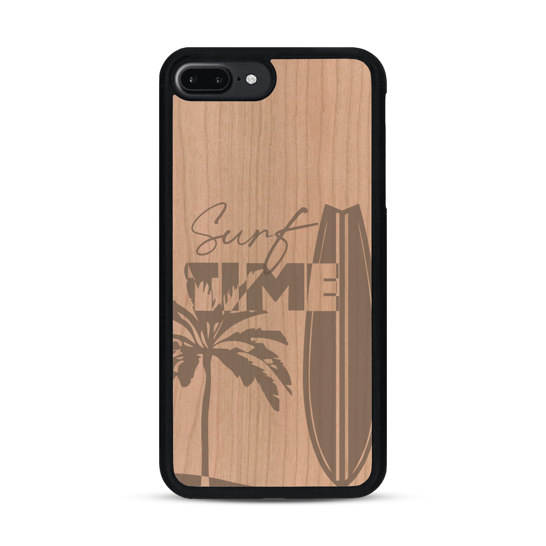 Coque de protection en bois véritable fabriquée en France pour  sur le thème chill avec un motif représentant une silouhette tenant une planche de surf sur une plage entouré de palmiers et les mots "Surf Time Long Beach Miami"