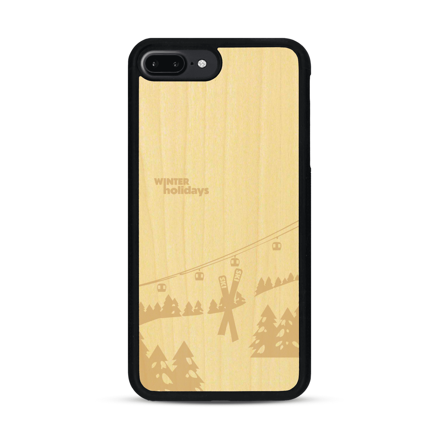 Coque de protection en bois véritable fabriquée en France pour  sur le thème de la montagne, du ski et de la neige avec un motif représentant une paire de ski plantée dans la neige avec en fond des montagnes enneigées