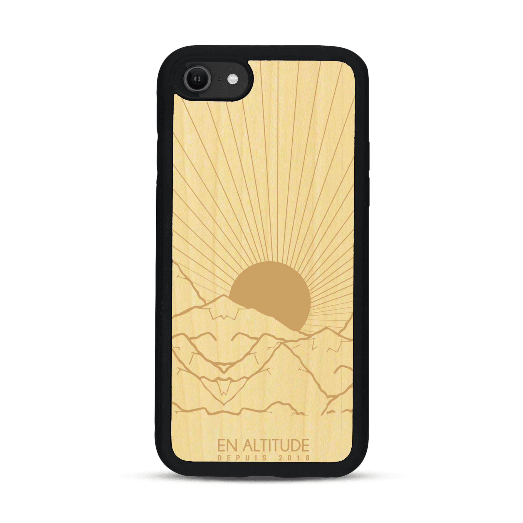 Coque de protection en bois véritable fabriquée en France pour  représentant des montagnes, sur le thème de la randonnée en pleine nature et du trail