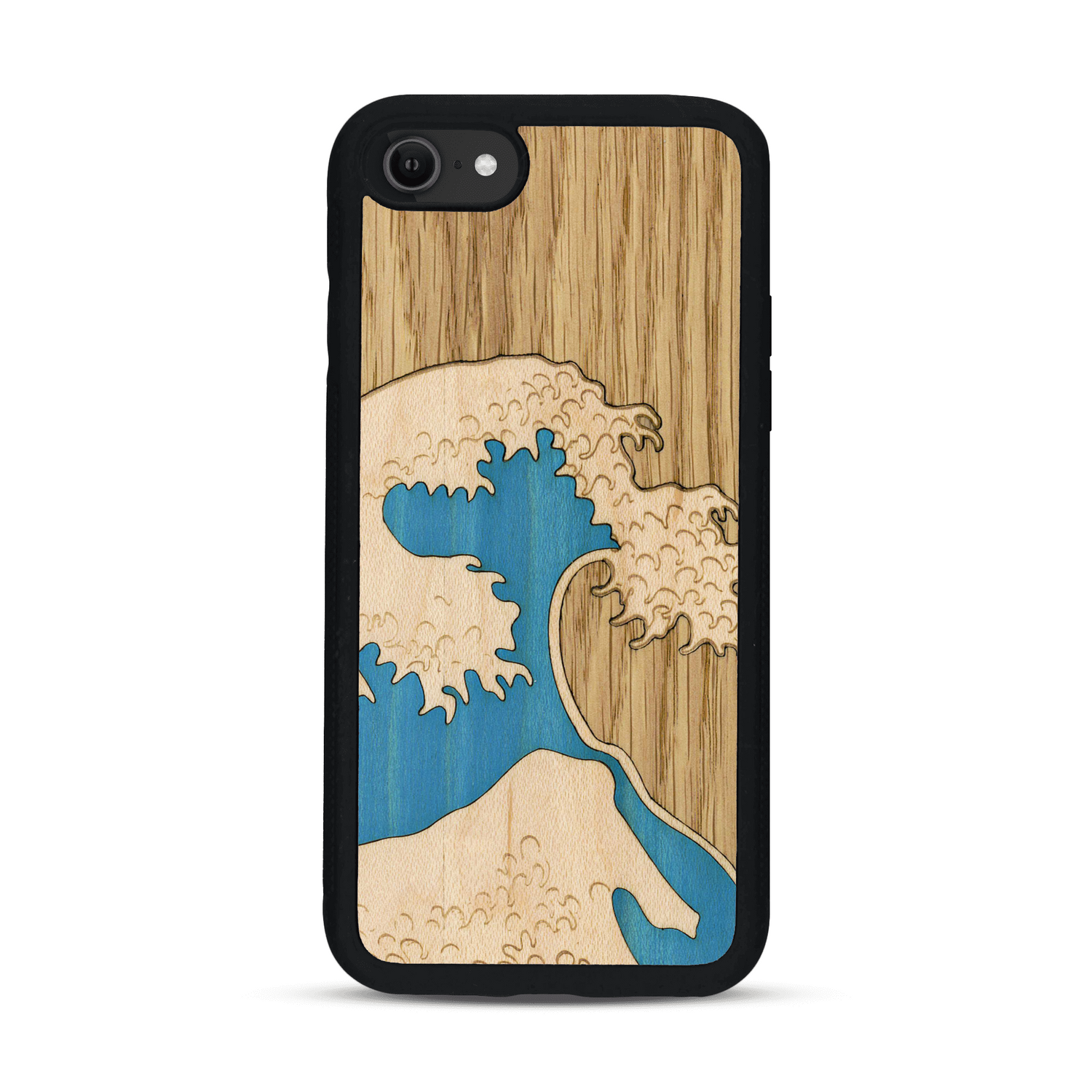 Coque de protection en bois véritable fabriquée en France pour  alliant plusieurs essences de bois pour représenter la célèbre grande vague de Kanagawa