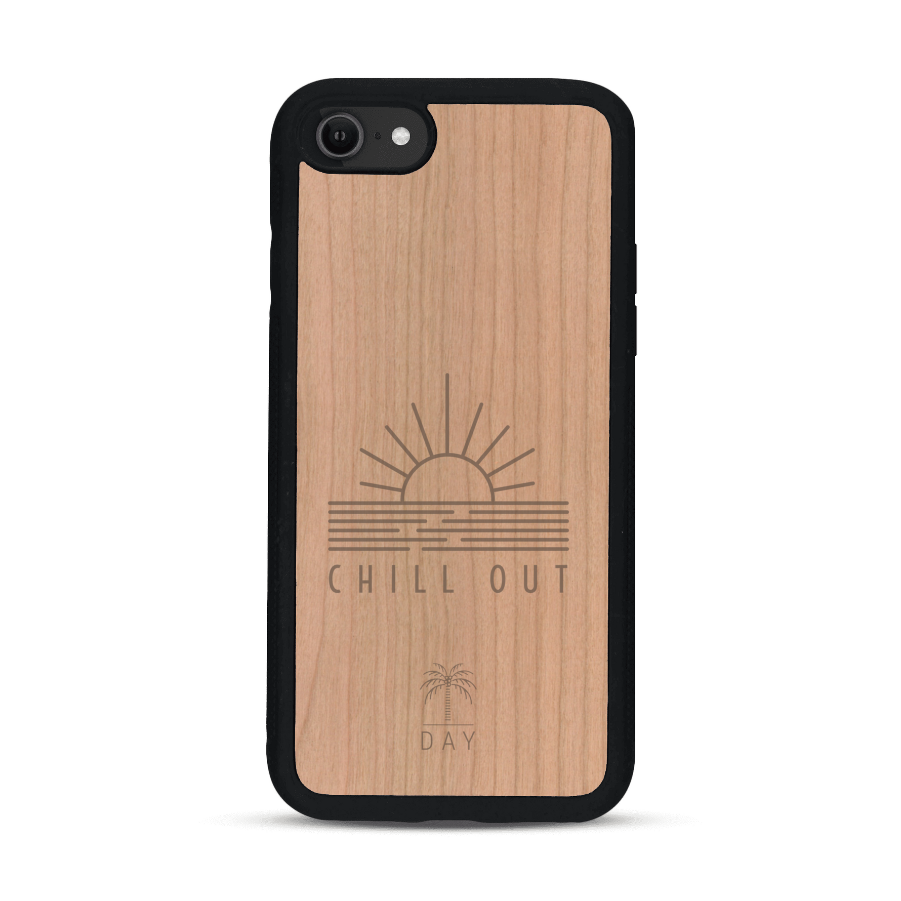 Coque de protection en bois véritable fabriquée en France pour  sur le thème chill avec un motif représentant un couché de soleil sur l'océan et la phrase "Chill out"