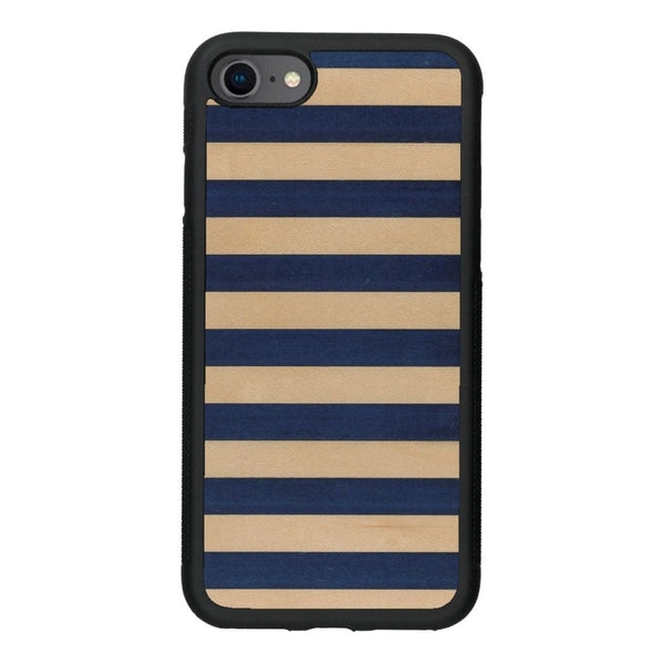 Coque de protection en bois véritable fabriquée en France pour iPhone SE 2020 alliant plusieurs essences de bois pour représenter une marinière