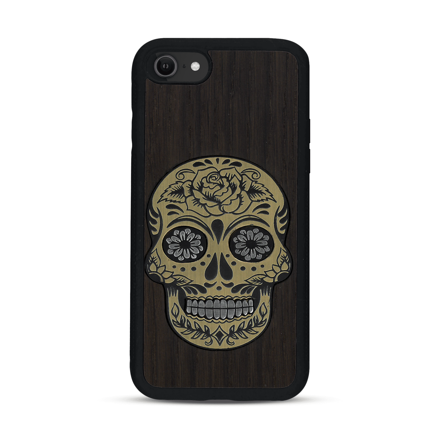 Coque de protection en bois véritable fabriquée en France pour  alliant du chêne fumé avec du métal argenté et doré représentant une tête de mort mexicaine sur le thème Dia de los Muertos