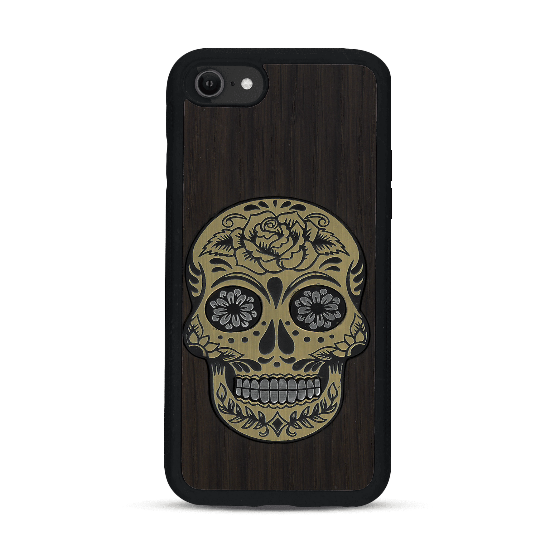 Coque de protection en bois véritable fabriquée en France pour  alliant du chêne fumé avec du métal argenté et doré représentant une tête de mort mexicaine sur le thème Dia de los Muertos