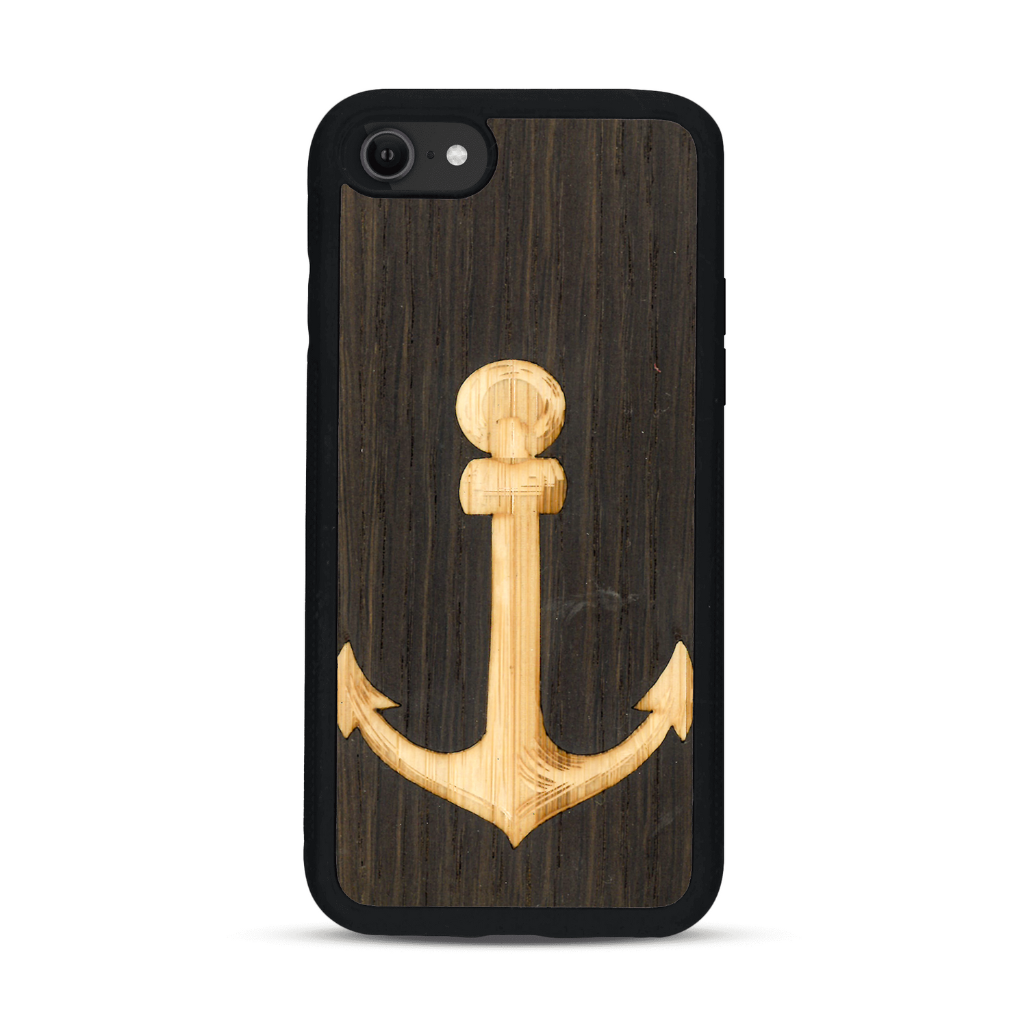 Coque de protection en bois véritable fabriquée en France pour  sur le thème nautique avec un bois clair et un bois foncé représentant une ancre de bateau