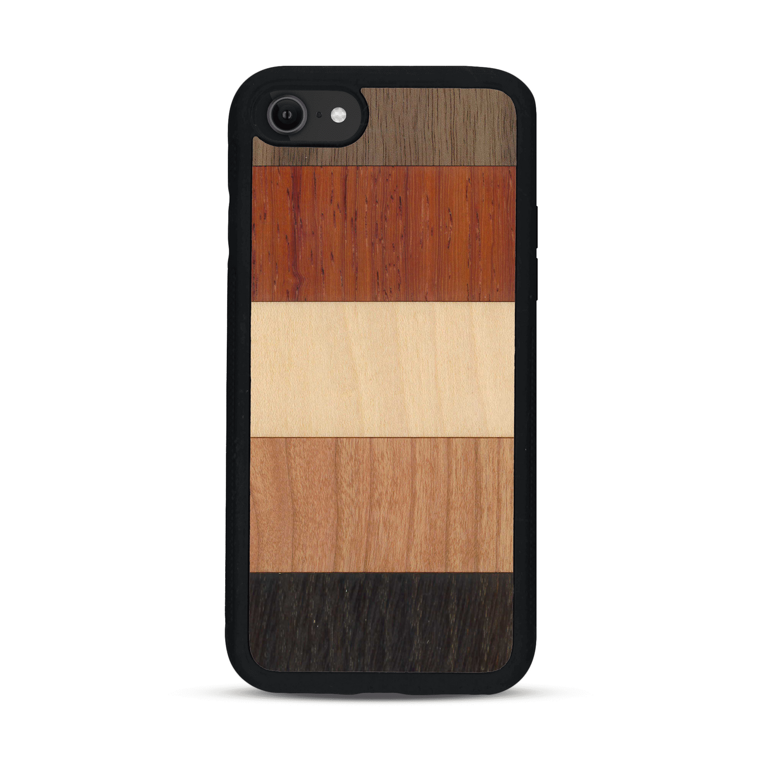 Coque de protection en bois véritable fabriquée en France pour  alliant des bandes horizontales de bambou, merisier, padouk, noyer et chêne fumé