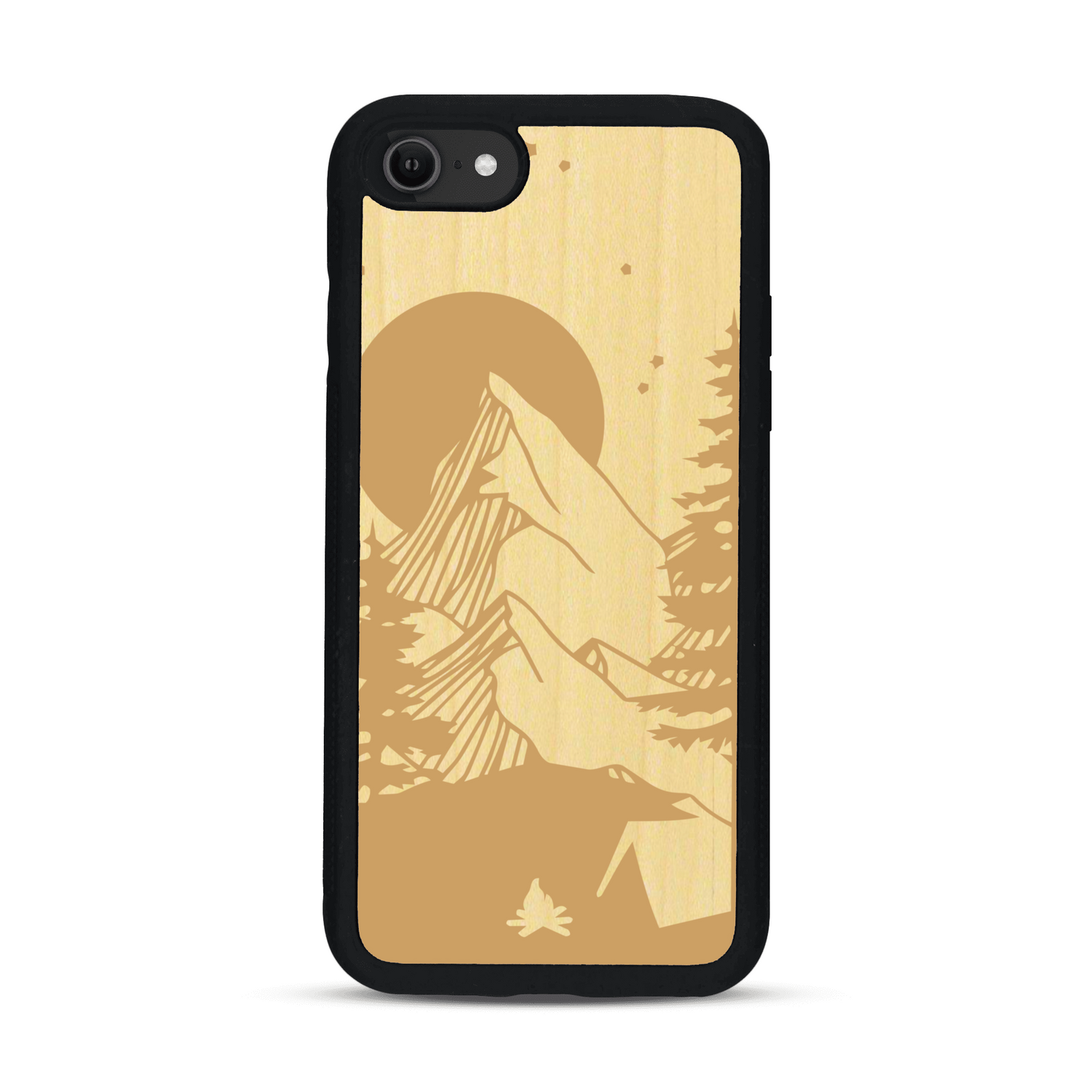 Coque de protection en bois véritable fabriquée en France pour  sur le thème du camping en pleine nature représentant une tente avec un feu de camp entouré de montagnes