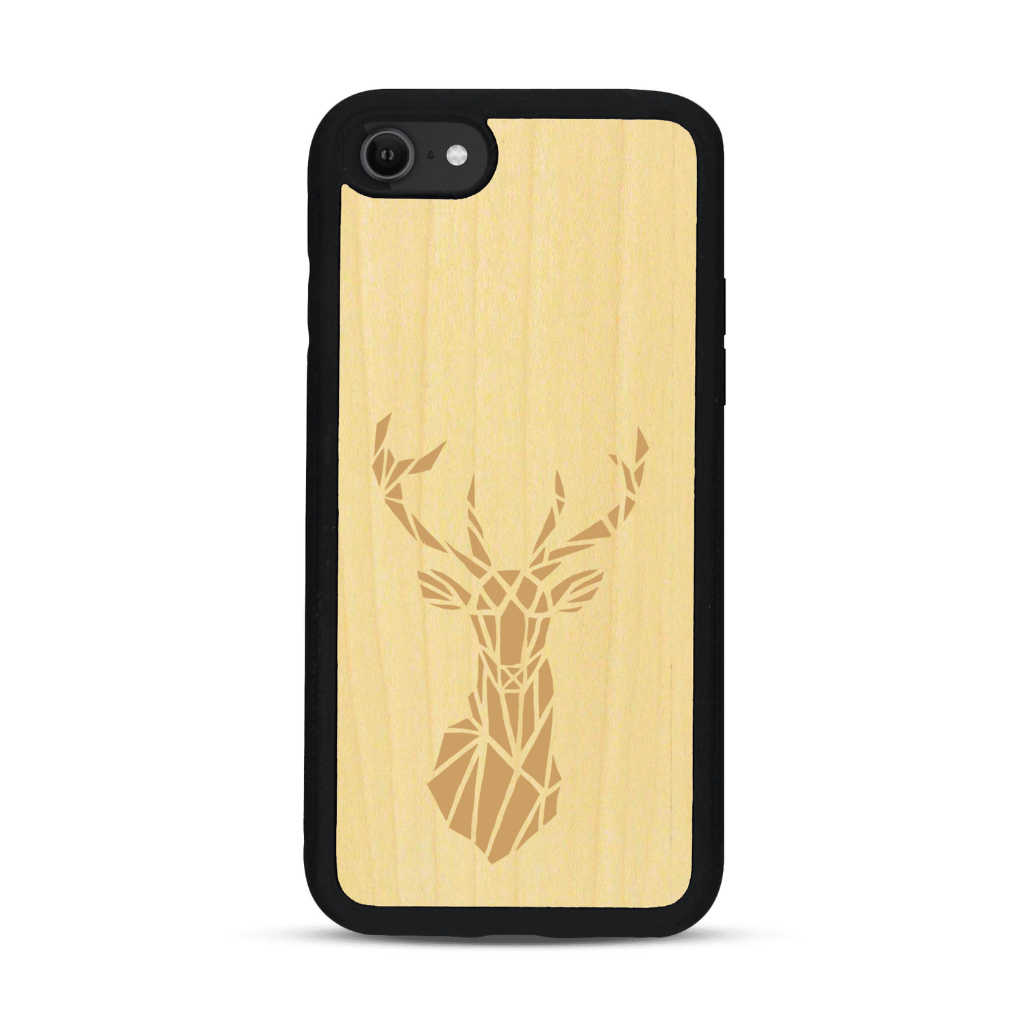 Coque de protection en bois véritable fabriquée en France pour  sur le thème de la nature et des animaux représentant une tête de cerf gométrique avec un design moderne et minimaliste
