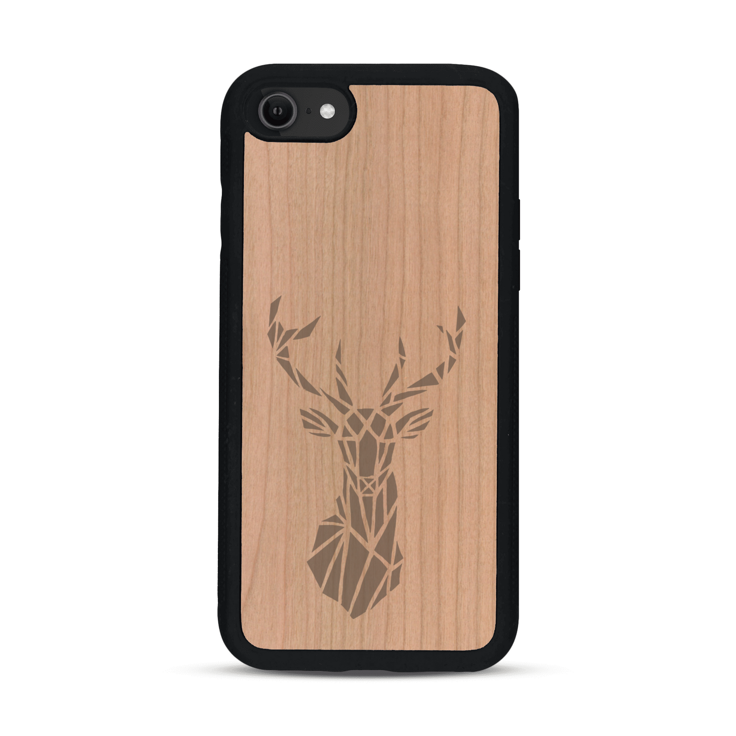 Coque de protection en bois véritable fabriquée en France pour  sur le thème de la nature et des animaux représentant une tête de cerf gométrique avec un design moderne et minimaliste