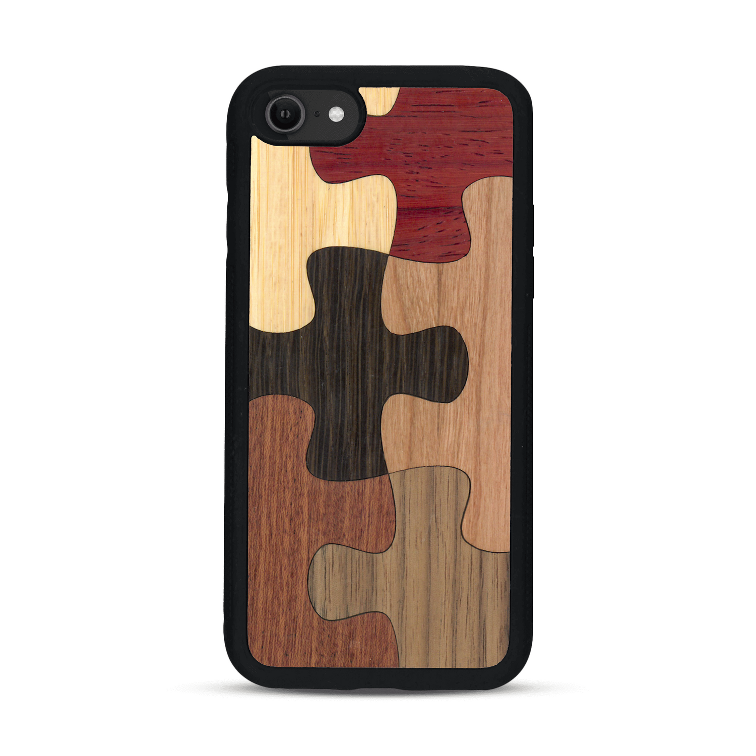 Coque de protection en bois véritable fabriquée en France pour  représentant un puzzle en six pièces qui allie du chêne fumé, du noyer, du bambou, du padouk, du merisier et de l'acajou