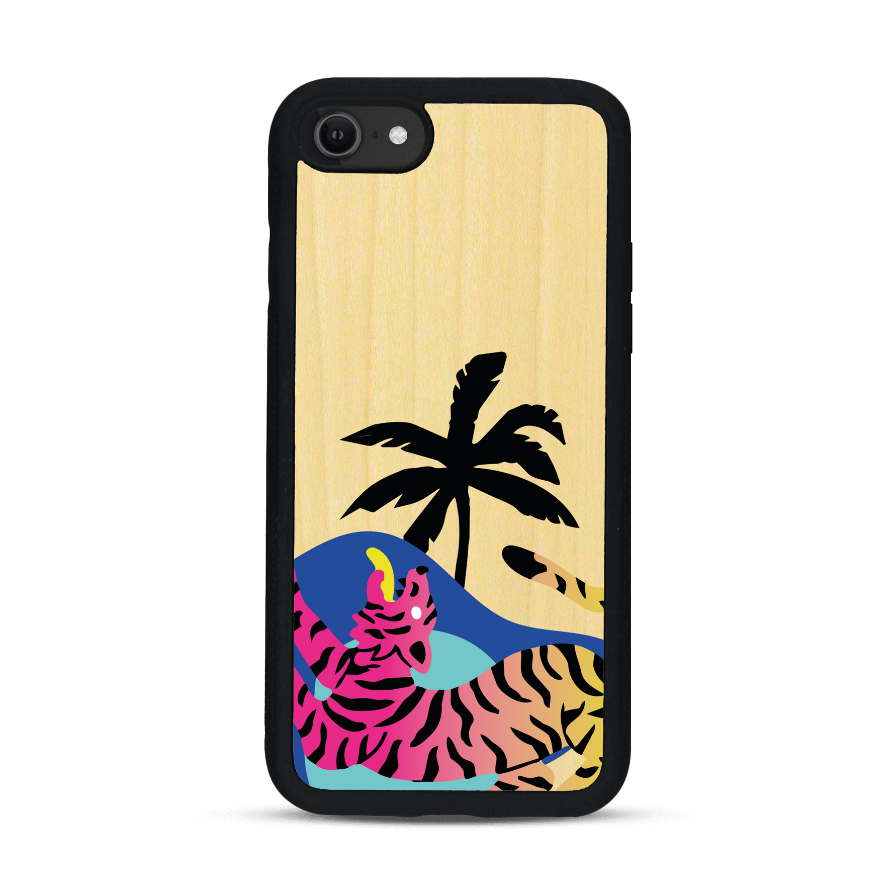Coque de protection en bois véritable fabriquée en France pour iPhone SE 2020 représentant un tigre coloré avec un design moderne et minimaliste sur le thème de la jungle et de la nature