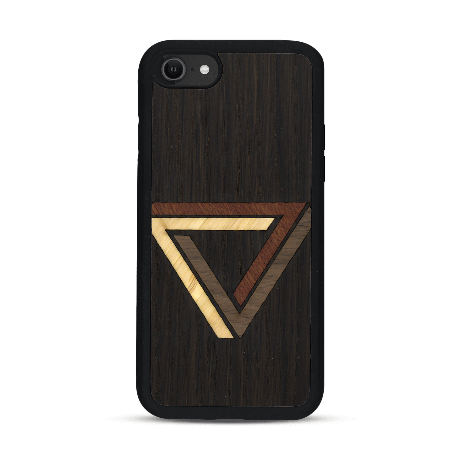 Coque de protection en bois véritable fabriquée en France pour  sur le thème de l'art géométrique qui allie du chêne fumé, du noyer, du bambou et du padouk représentant le triangle de penrose