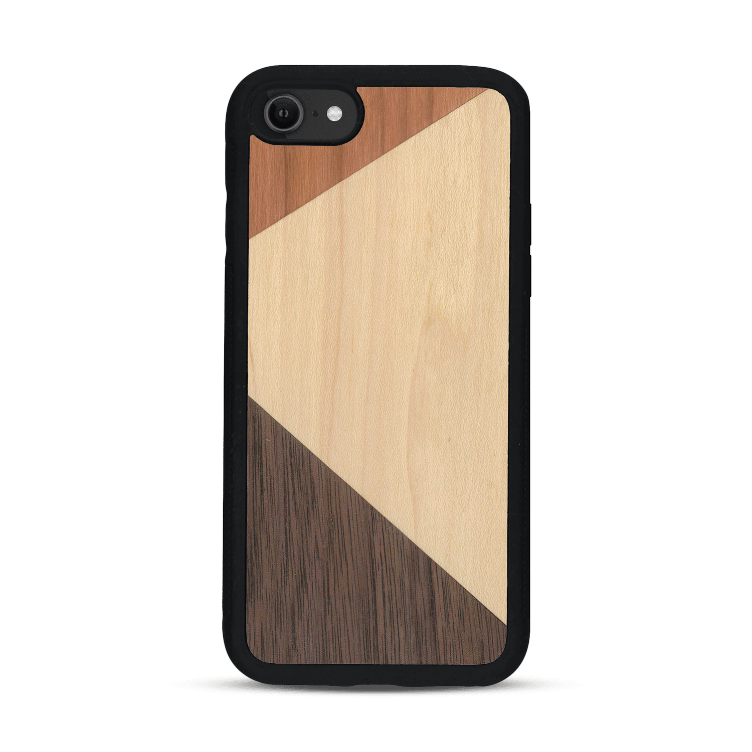 Coque de protection en bois véritable fabriquée en France pour  alliant du merisier, du noyer et du bambou formant chacun deux triangles et un trapèze avec deux jointures en diagonale sur le thème de l'art abstrait