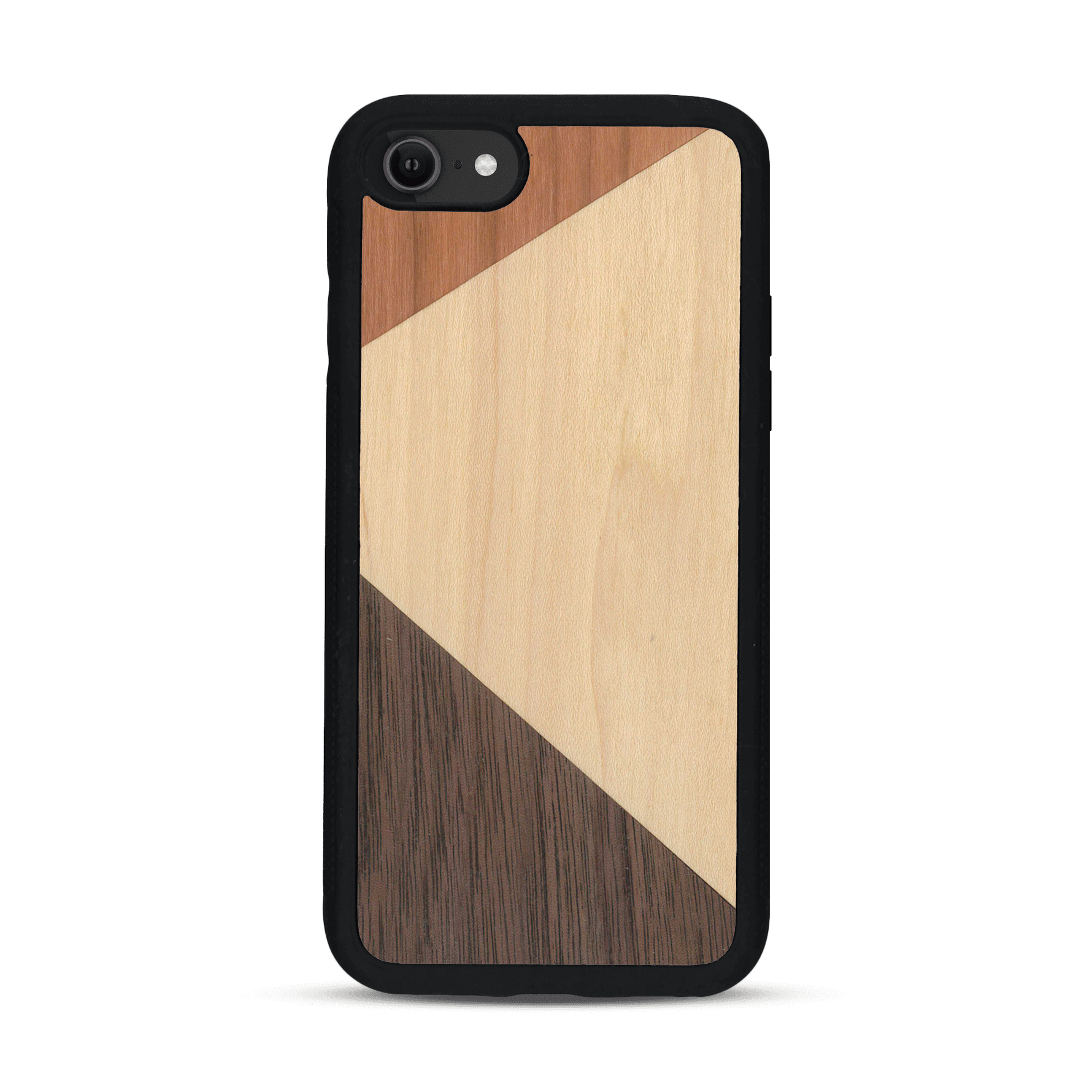 Coque de protection en bois véritable fabriquée en France pour  alliant du merisier, du noyer et du bambou formant chacun deux triangles et un trapèze avec deux jointures en diagonale sur le thème de l'art abstrait