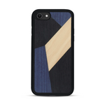 Coque de protection en bois véritable fabriquée en France pour  alliant du bambou, du tulipier bleu et noir en forme de mosaïque minimaliste sur le thème de l'art abstrait