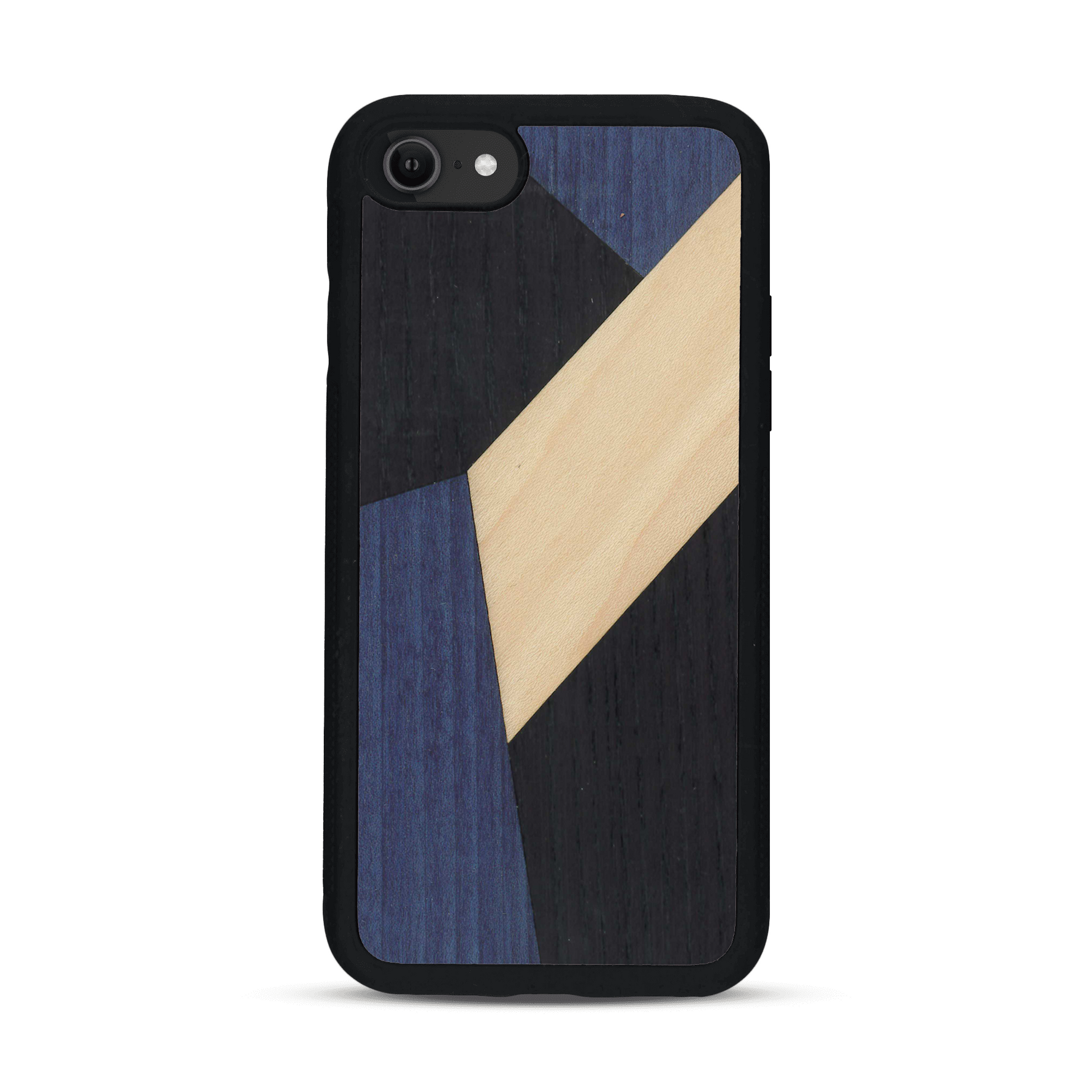 Coque de protection en bois véritable fabriquée en France pour  alliant du bambou, du tulipier bleu et noir en forme de mosaïque minimaliste sur le thème de l'art abstrait