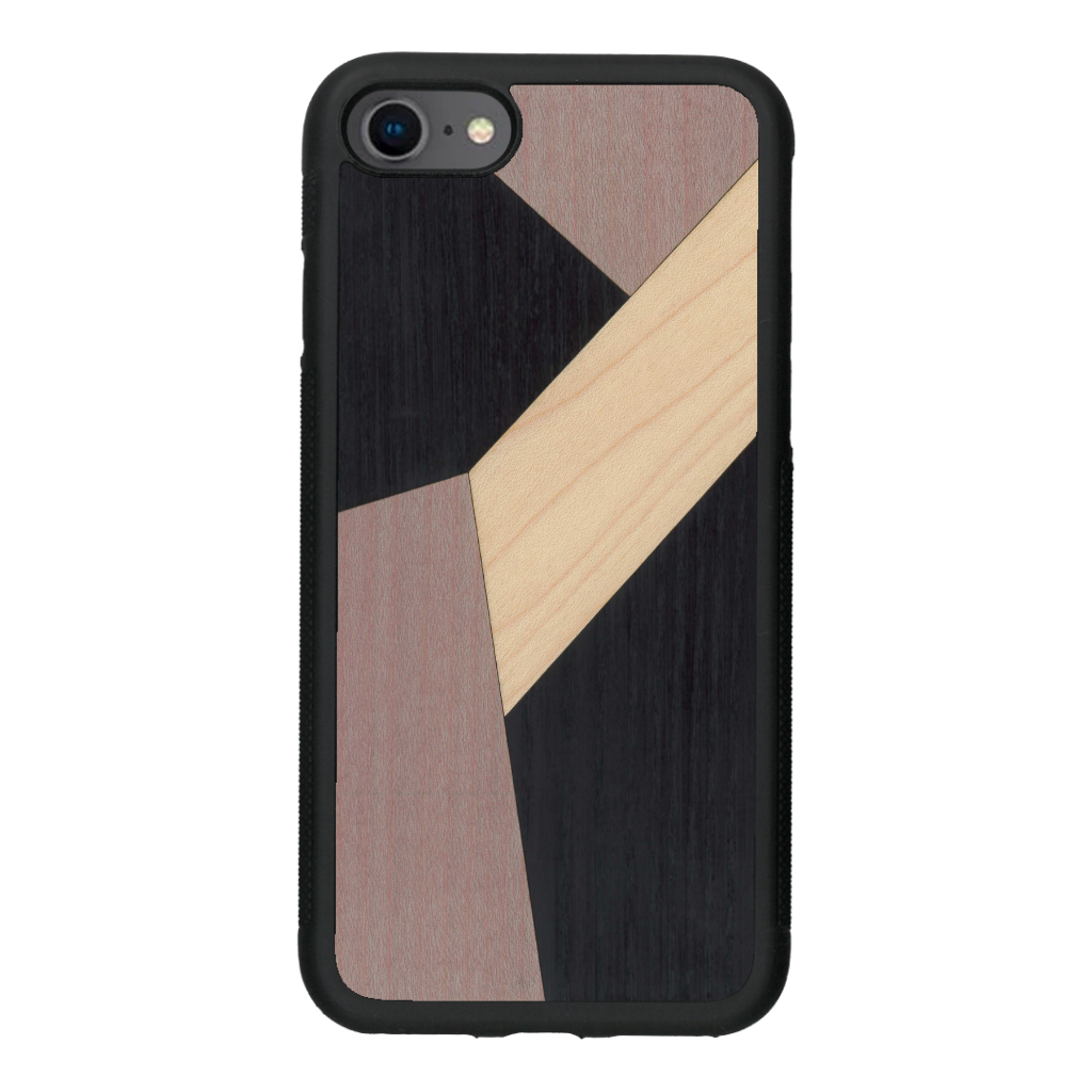 Coque de protection en bois véritable fabriquée en France pour iPhone SE 2020 alliant du bambou, du tulipier mauve et noir en forme de mosaïque minimaliste sur le thème de l'art abstrait