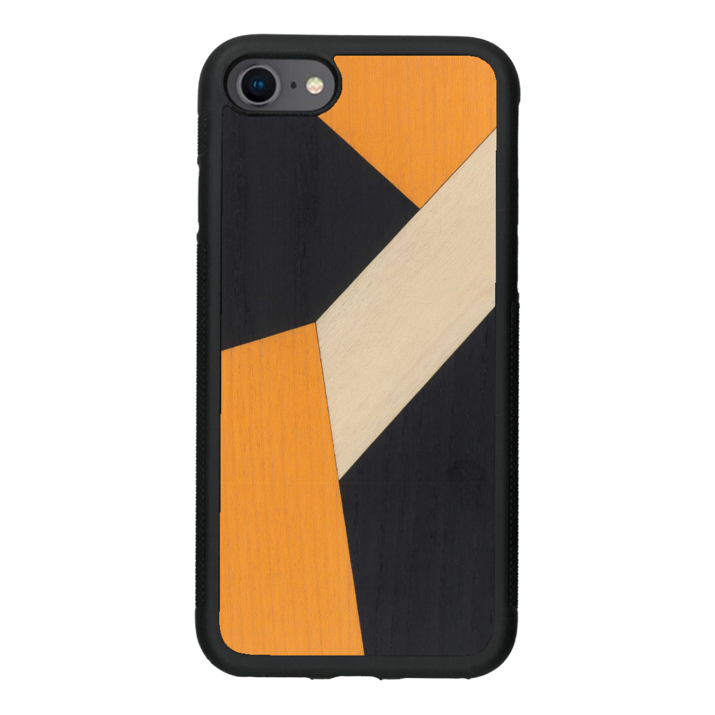Coque de protection en bois véritable fabriquée en France pour iPhone SE 2020 alliant du bambou, du tulipier orange et noir en forme de mosaïque minimaliste sur le thème de l'art abstrait