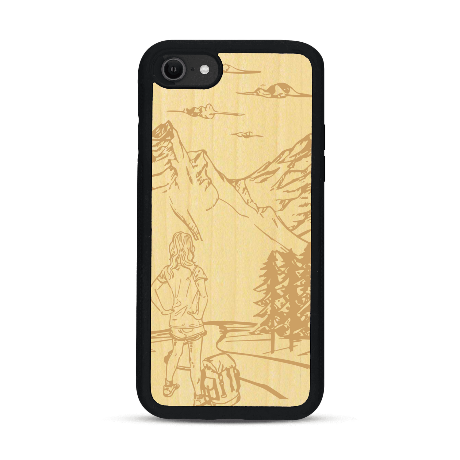 Coque de protection en bois véritable fabriquée en France pour  sur le thème de la randonnée en montagne et de l'aventure avec une gravure représentant une femme de dos face à un paysage de nature