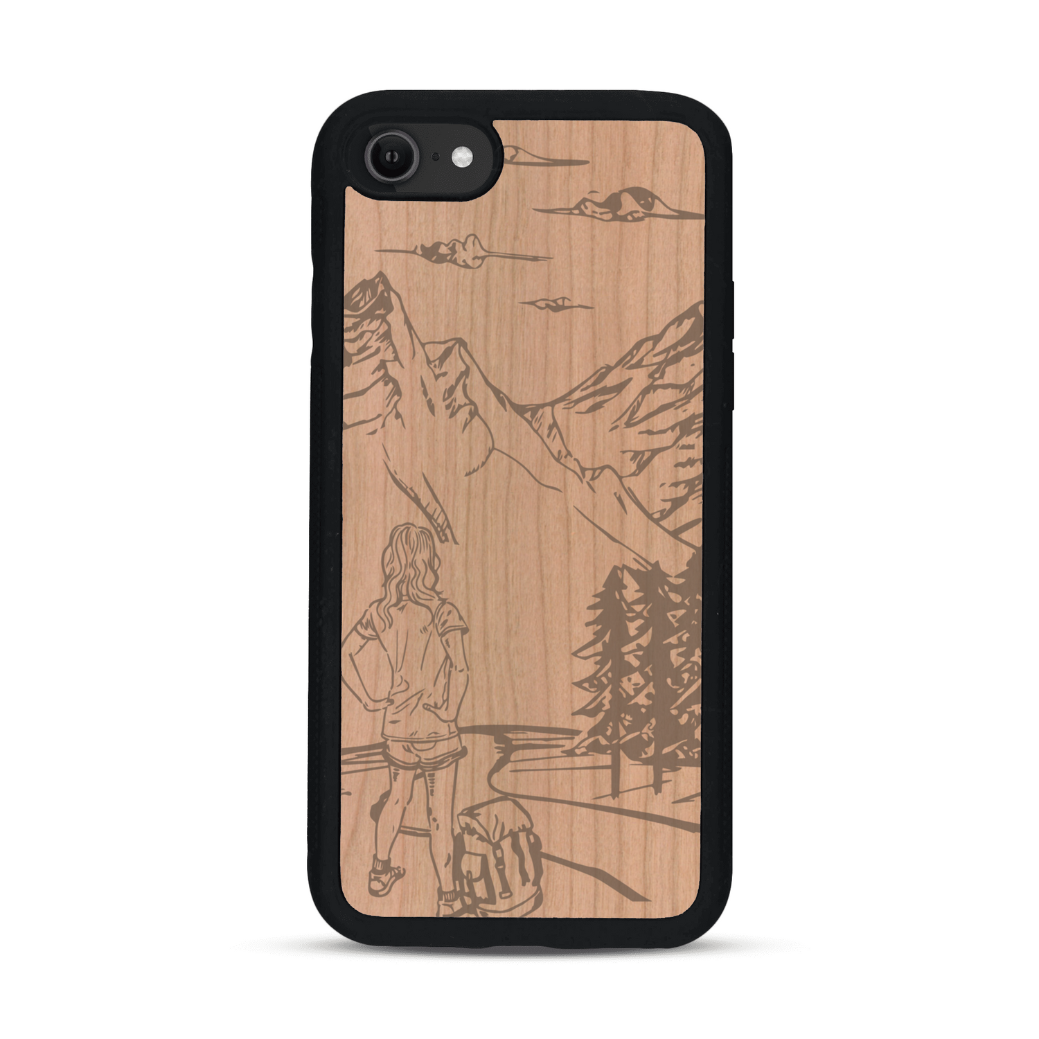 Coque de protection en bois véritable fabriquée en France pour  sur le thème de la randonnée en montagne et de l'aventure avec une gravure représentant une femme de dos face à un paysage de nature