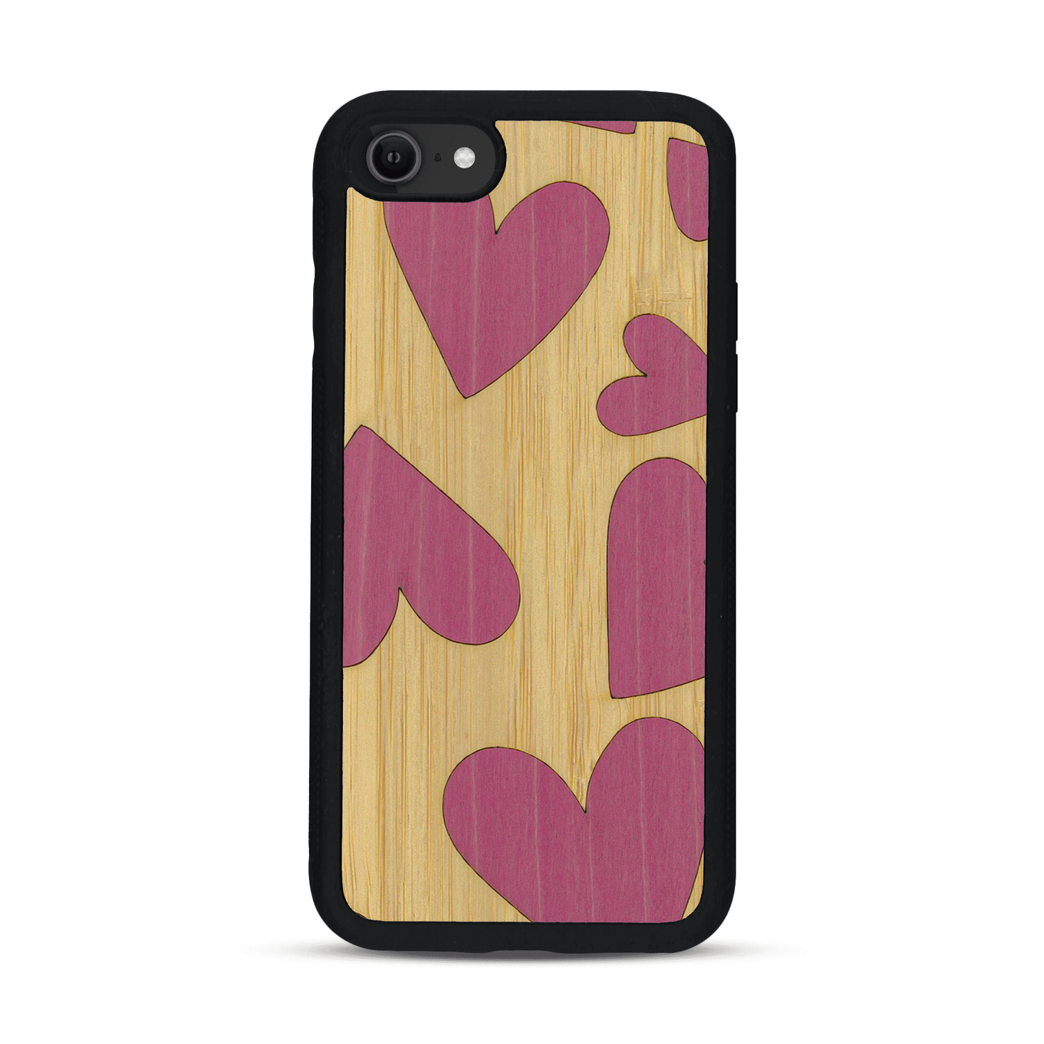 Coque de protection en bois véritable fabriquée en France pour  alliant plusieurs essences de bois pour représenter des coeurs pour les amoureux
