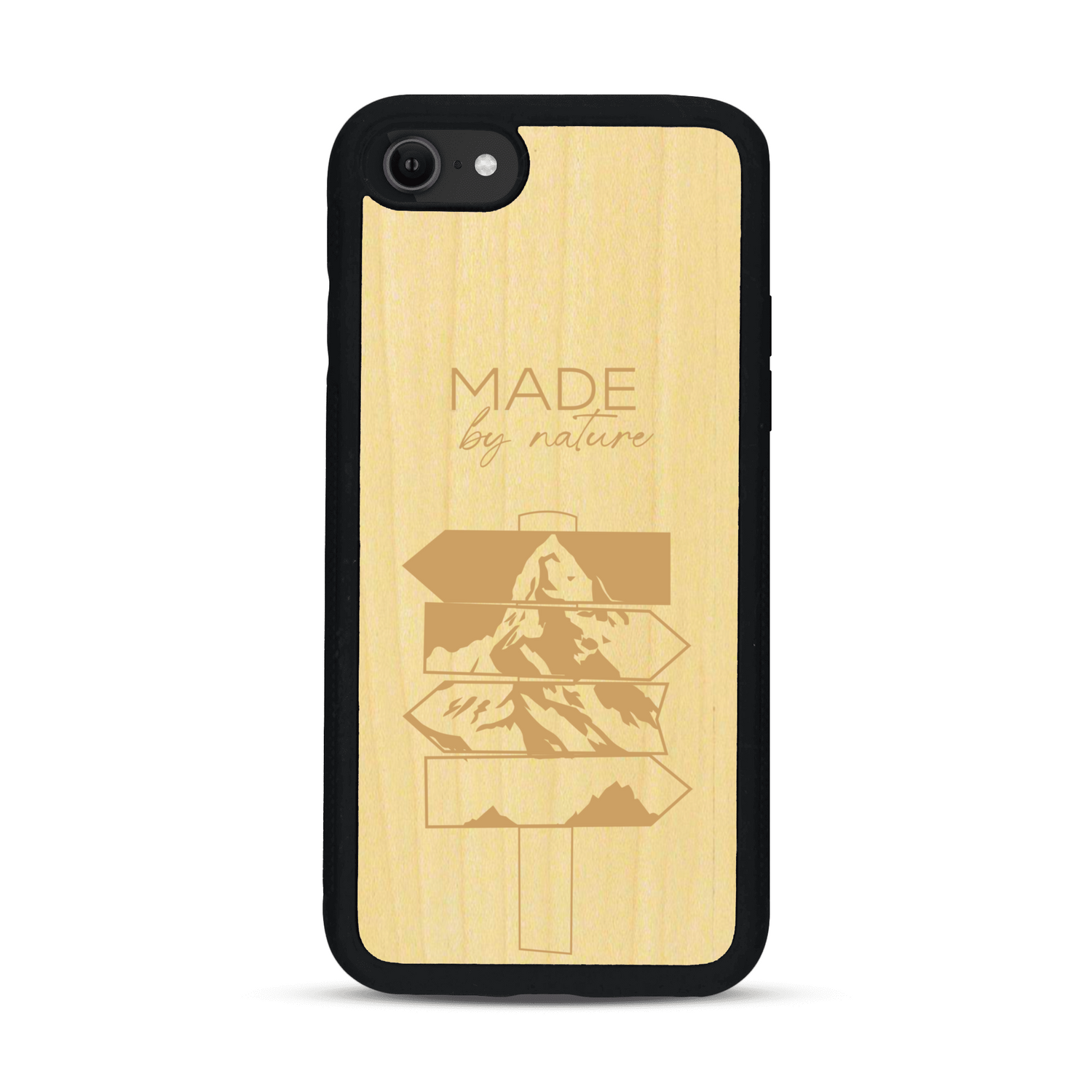 Coque de protection en bois véritable fabriquée en France pour  sur le thème de la nature et des arbres avec une gravure représentant une pomme de pin et la phrase "made by nature"