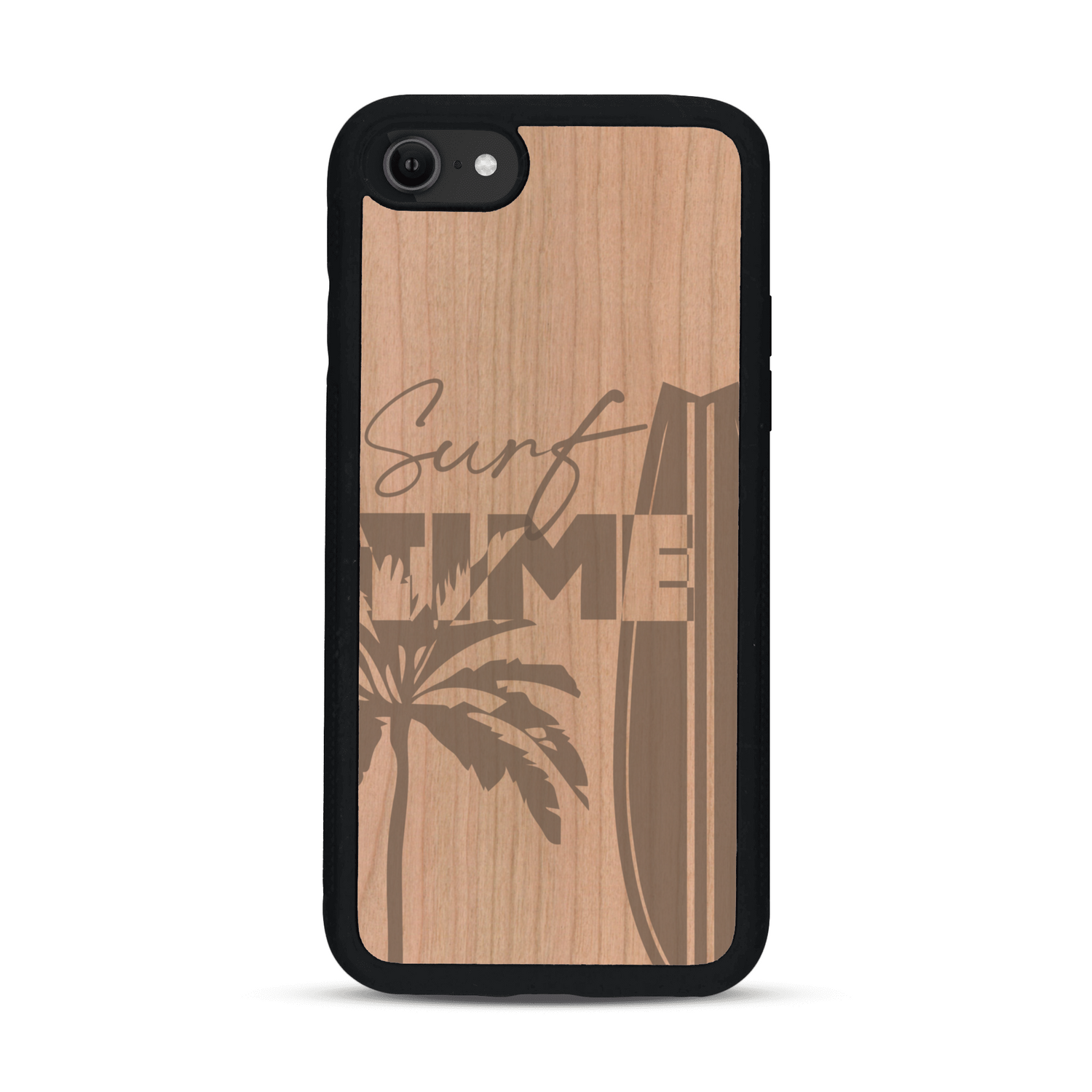 Coque de protection en bois véritable fabriquée en France pour  sur le thème chill avec un motif représentant une silouhette tenant une planche de surf sur une plage entouré de palmiers et les mots "Surf Time Long Beach Miami"