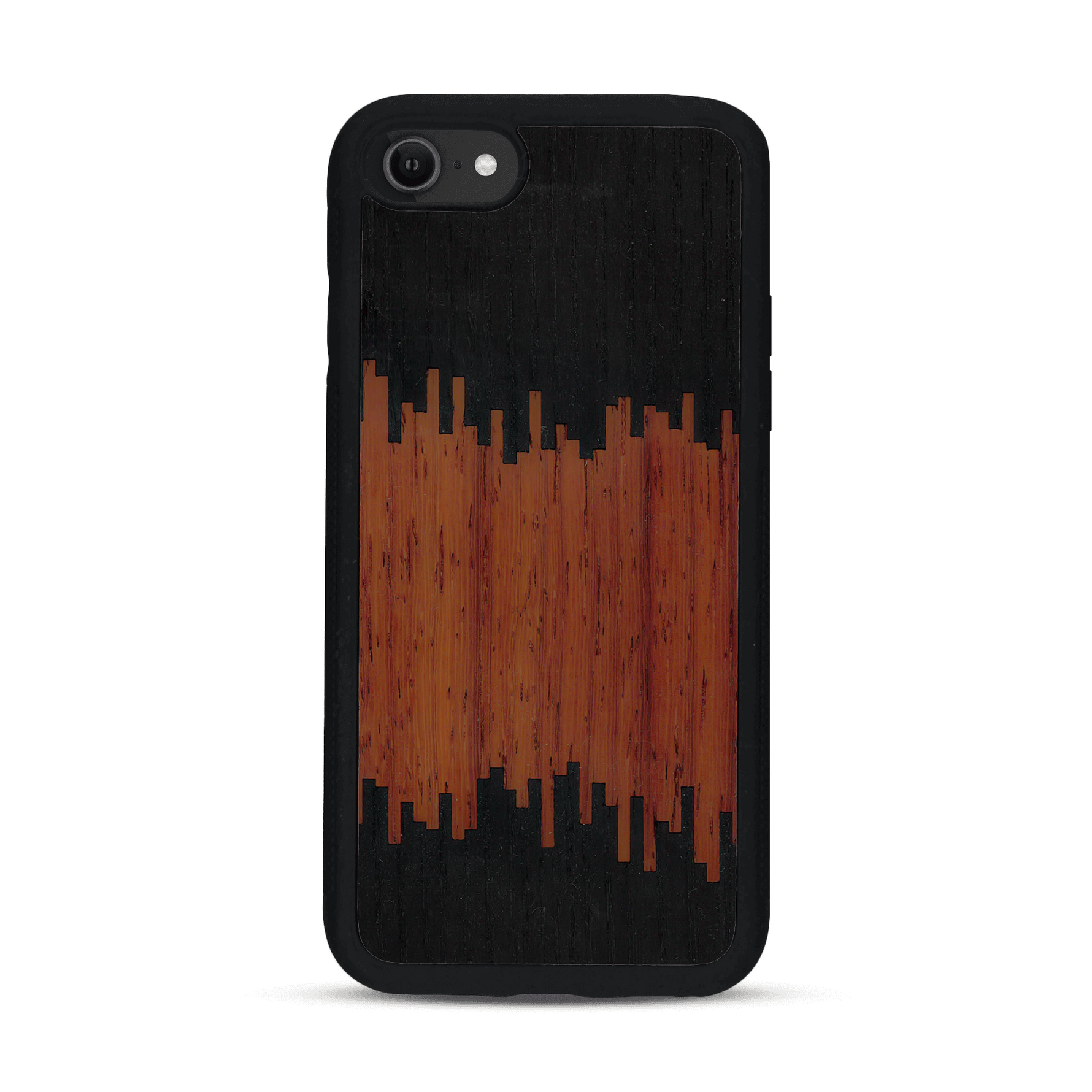 Coque de protection en bois véritable fabriquée en France pour  alliant plusieurs essences de bois pour représenter du magma en fusion