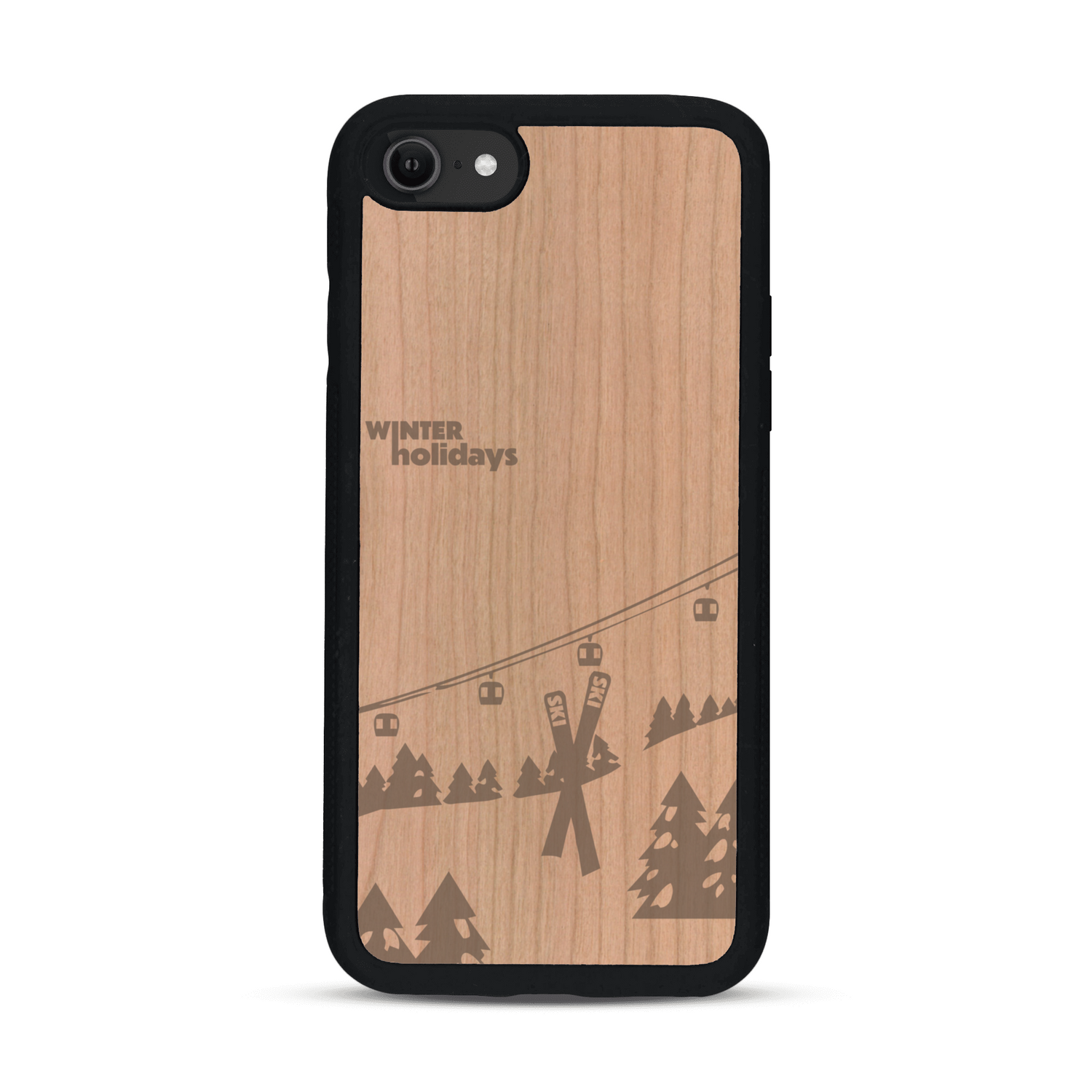 Coque de protection en bois véritable fabriquée en France pour  sur le thème de la montagne, du ski et de la neige avec un motif représentant une paire de ski plantée dans la neige avec en fond des montagnes enneigées