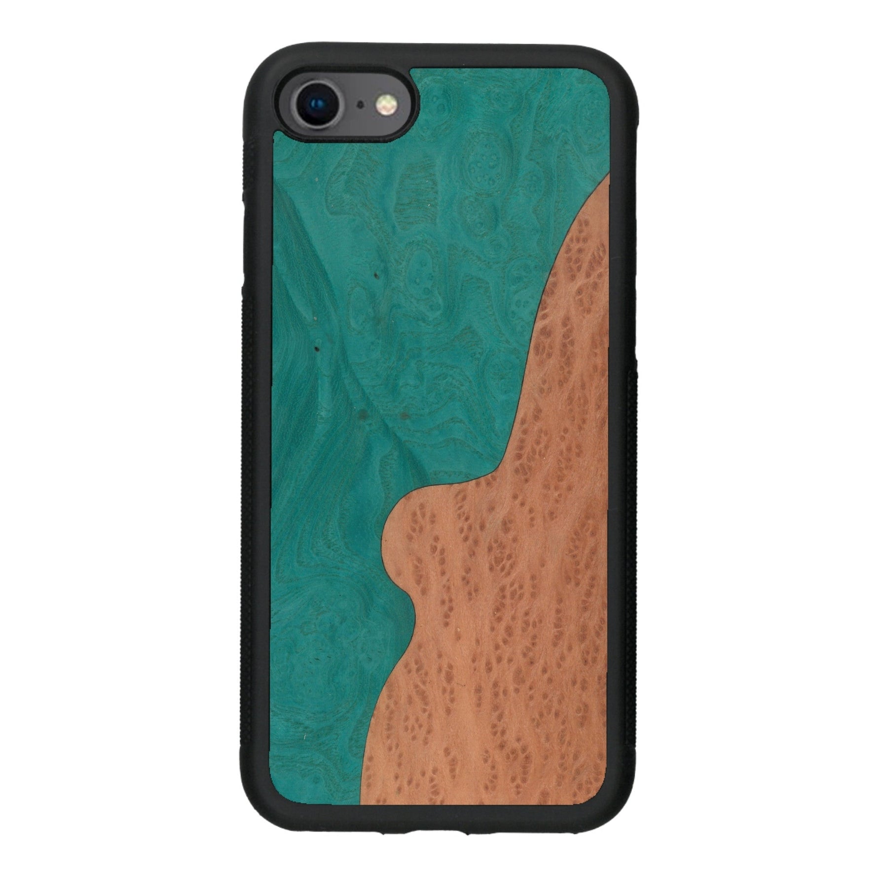 Coque de protection en bois véritable fabriquée en France pour iPhone SE 2022 alliant plusieurs essences de bois pour représenter une plage paradisiaque