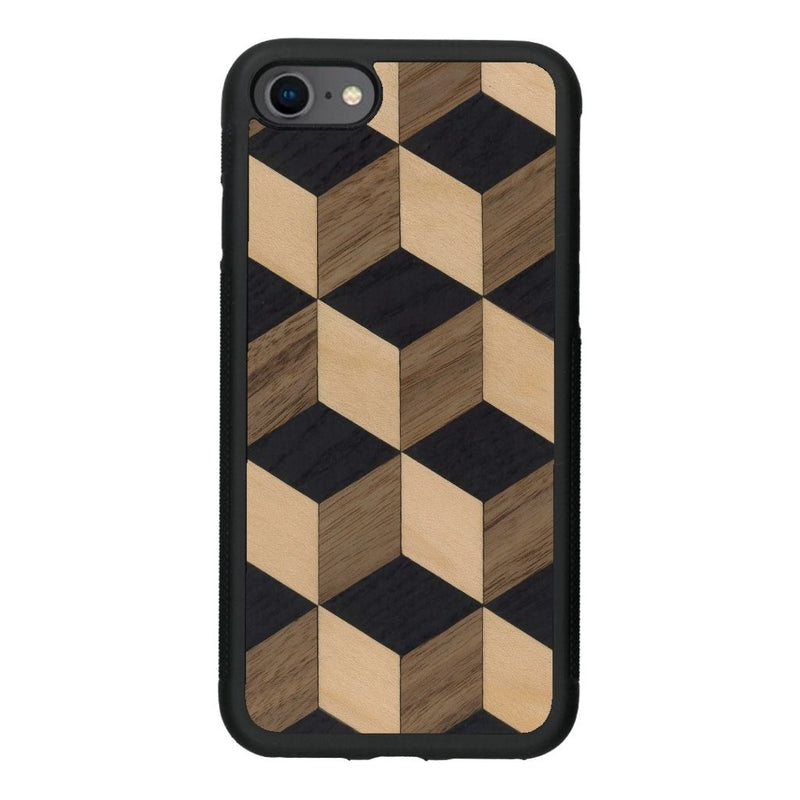 Coque de protection en bois véritable fabriquée en France pour iPhone SE 2022 alliant plusieurs essences de bois pour représenter un classique intemporel de la marqueterie