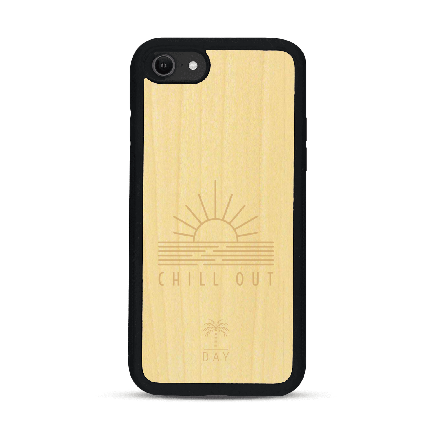 Coque de protection en bois véritable fabriquée en France pour  sur le thème chill avec un motif représentant un couché de soleil sur l'océan et la phrase "Chill out"