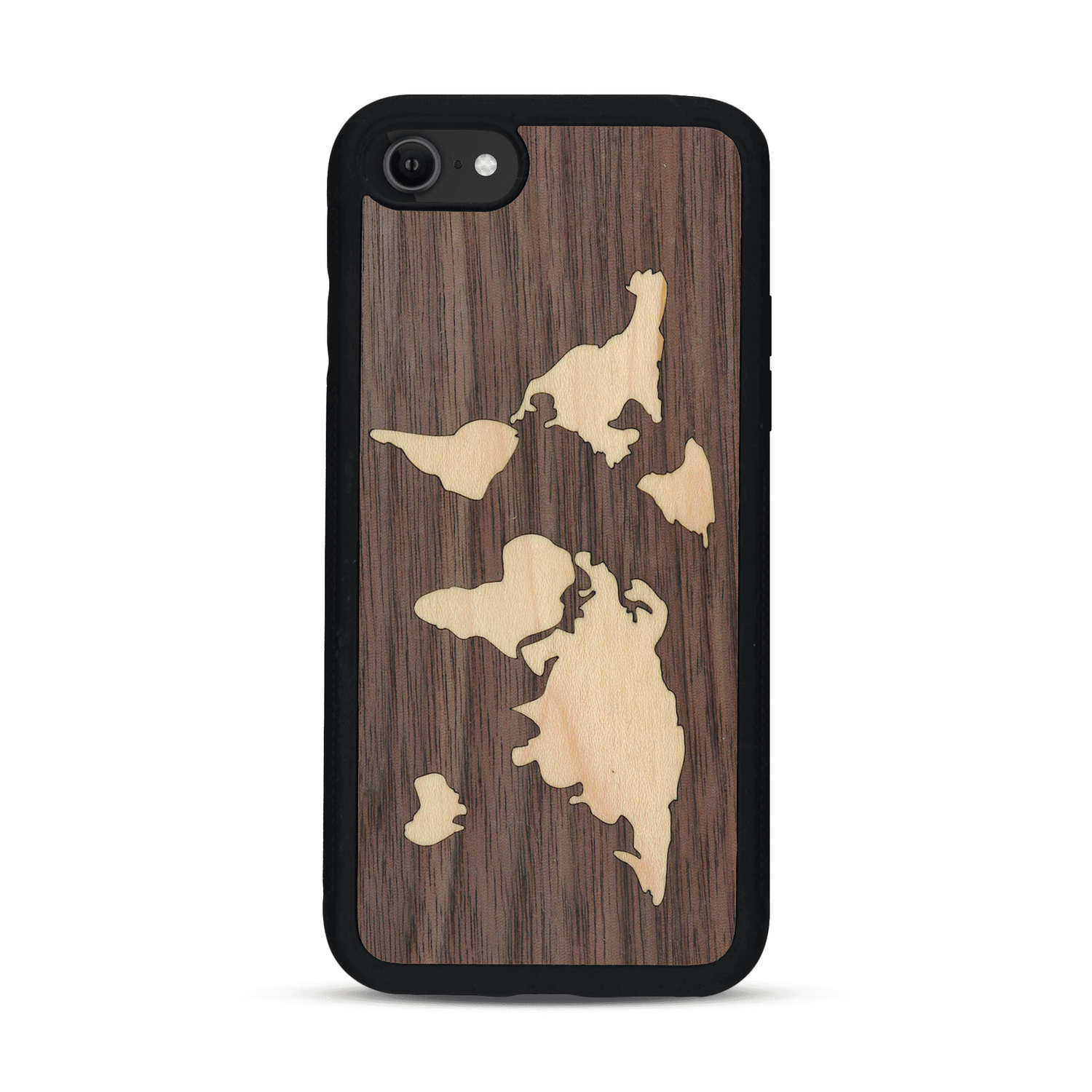 Coque de protection en bois véritable fabriquée en France pour  alliant du bambou et du noyer sur le thème du voyage et de l'aventure représentant une mappemonde