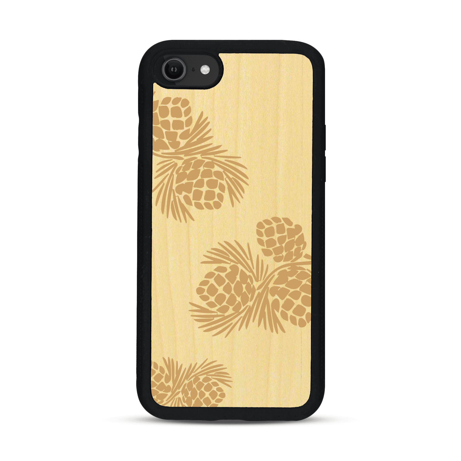 Coque de protection en bois véritable fabriquée en France pour  sur le thème de la nature des arbres avec un motif de gravure représentant des épines de sapin et des pommes de pin