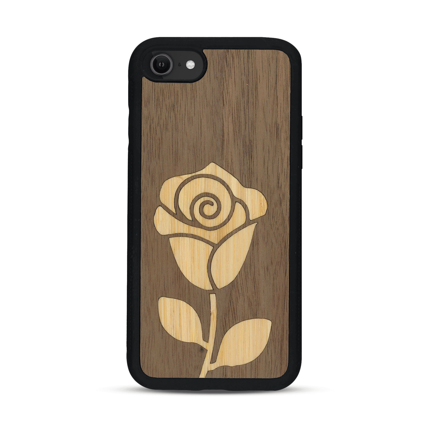 Coque de protection en bois véritable fabriquée en France pour  alliant plusieurs essences de bois pour représenter une rose