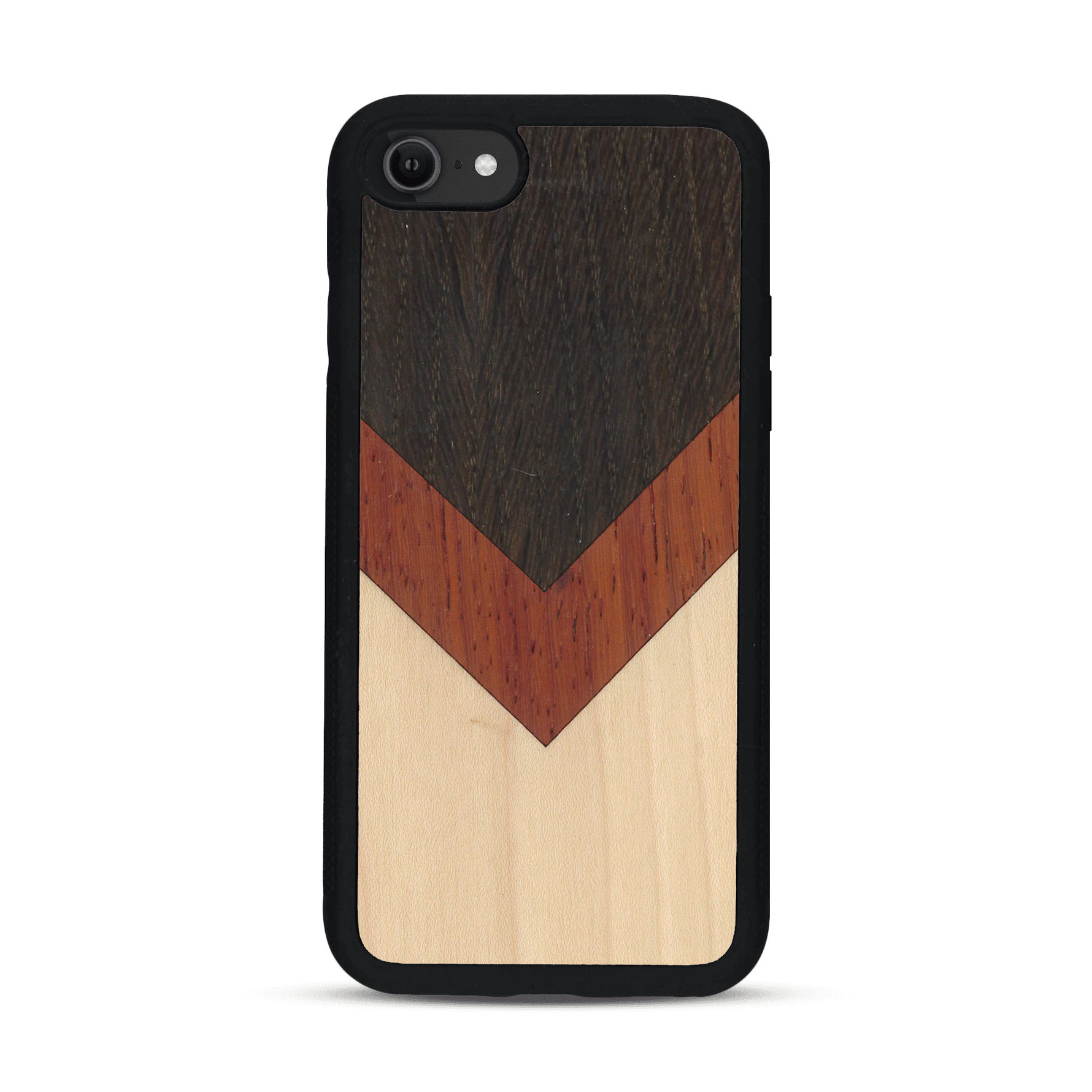 Coque de protection en bois véritable fabriquée en France pour  alliant du chêne fumé, du padouk et du bambou en forme de chevron sur le thème de l'art abstrait