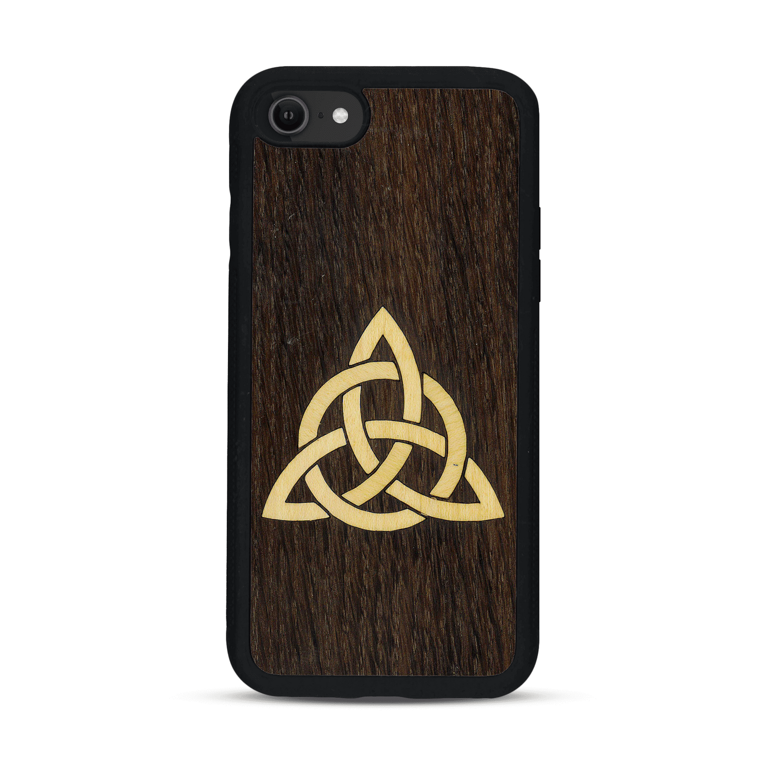 Coque de protection en bois véritable fabriquée en France pour  alliant du chêne fumé et du bambou représentant une triquetra