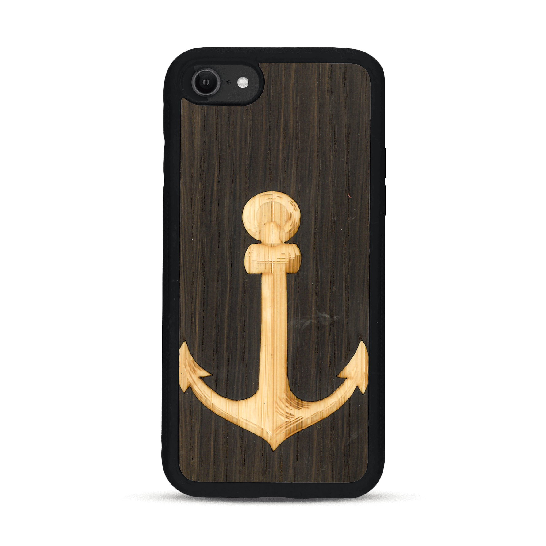 Coque de protection en bois véritable fabriquée en France pour  sur le thème nautique avec un bois clair et un bois foncé représentant une ancre de bateau