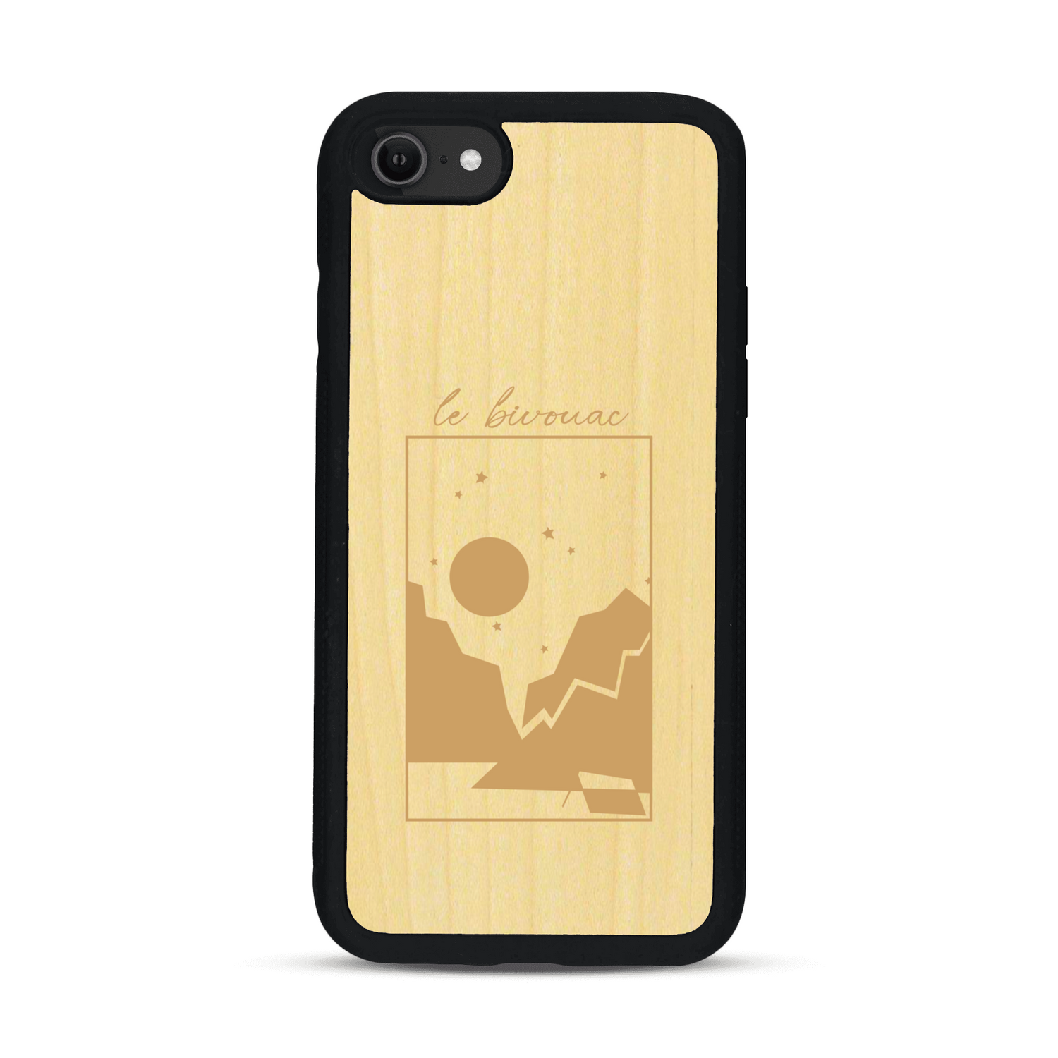 Coque de protection en bois véritable fabriquée en France pour  sur le thème du camping en pleine nature et du bivouac avec la phrase "Aventure is out there"
